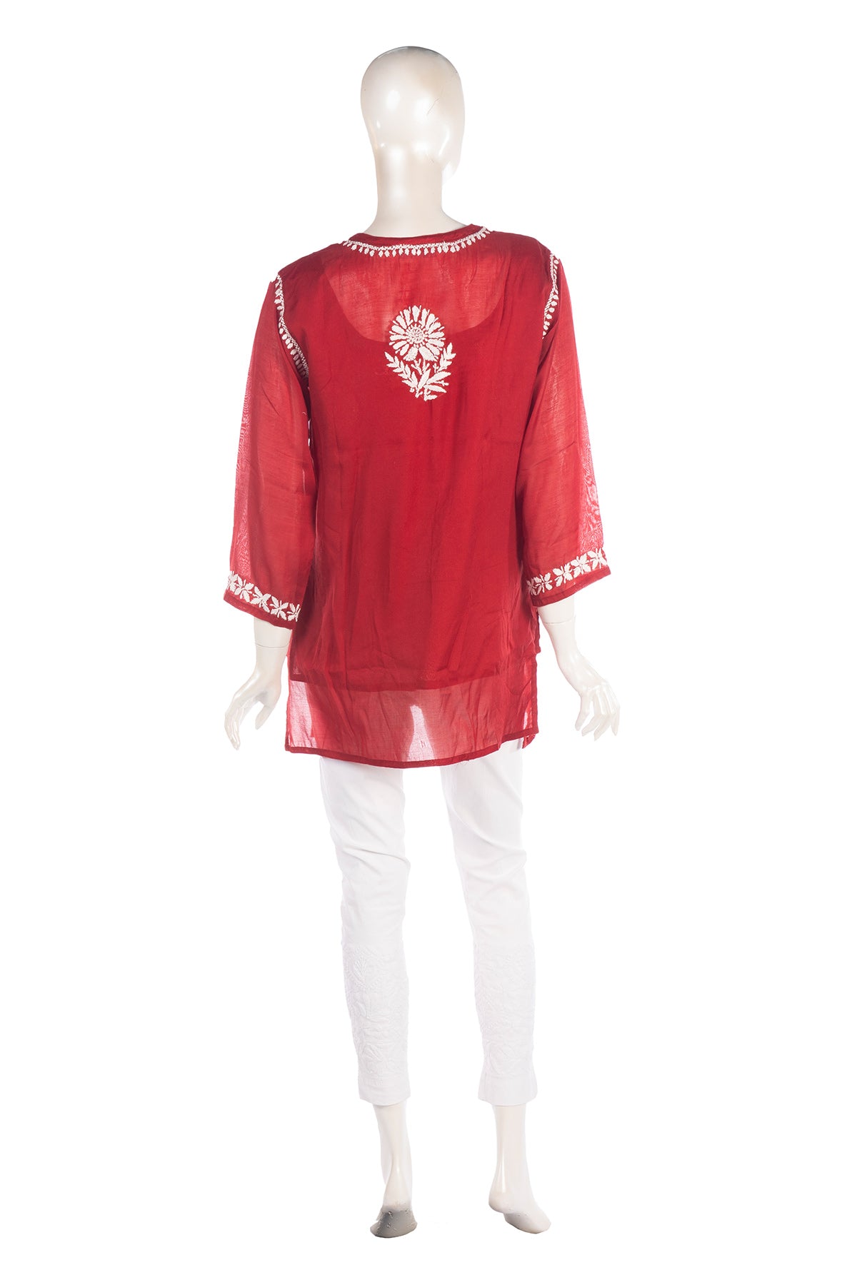 Silakaari Pure Muslin Maroon Heavy Lucknowi Straight Short Kurti With Pant Set