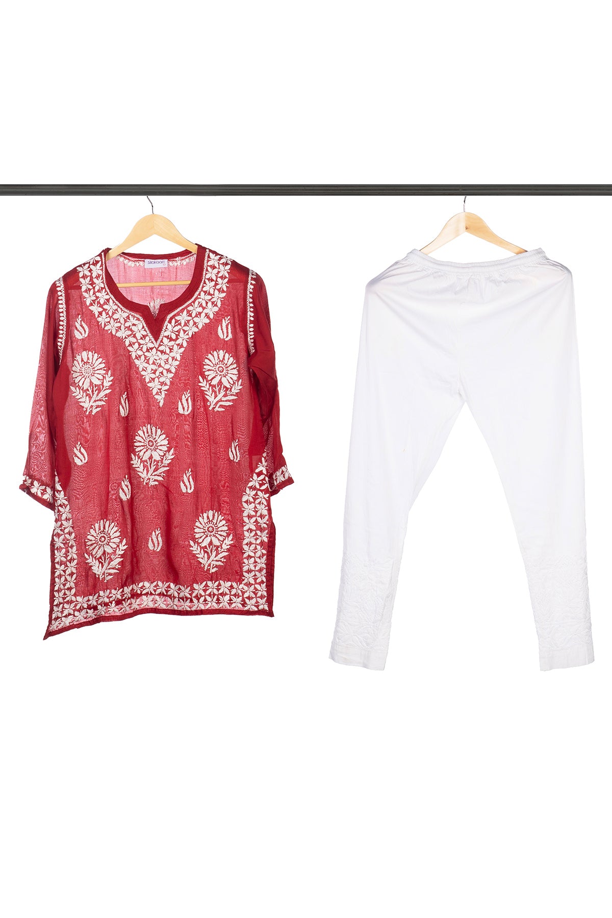 Silakaari Pure Muslin Maroon Heavy Lucknowi Straight Short Kurti With Pant Set