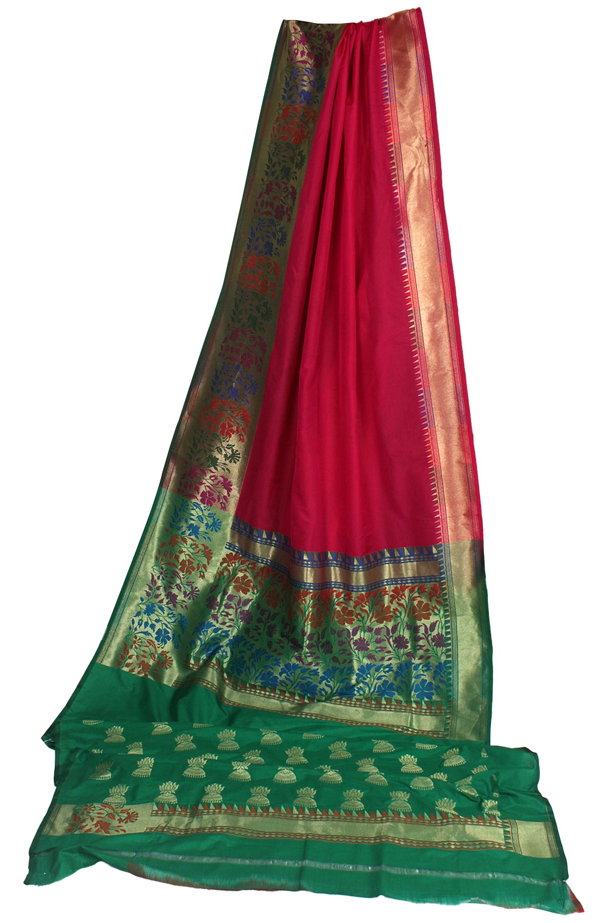 Silakaari Women's Bright Pink-Green Pure Silk Zari Banarasi Saree