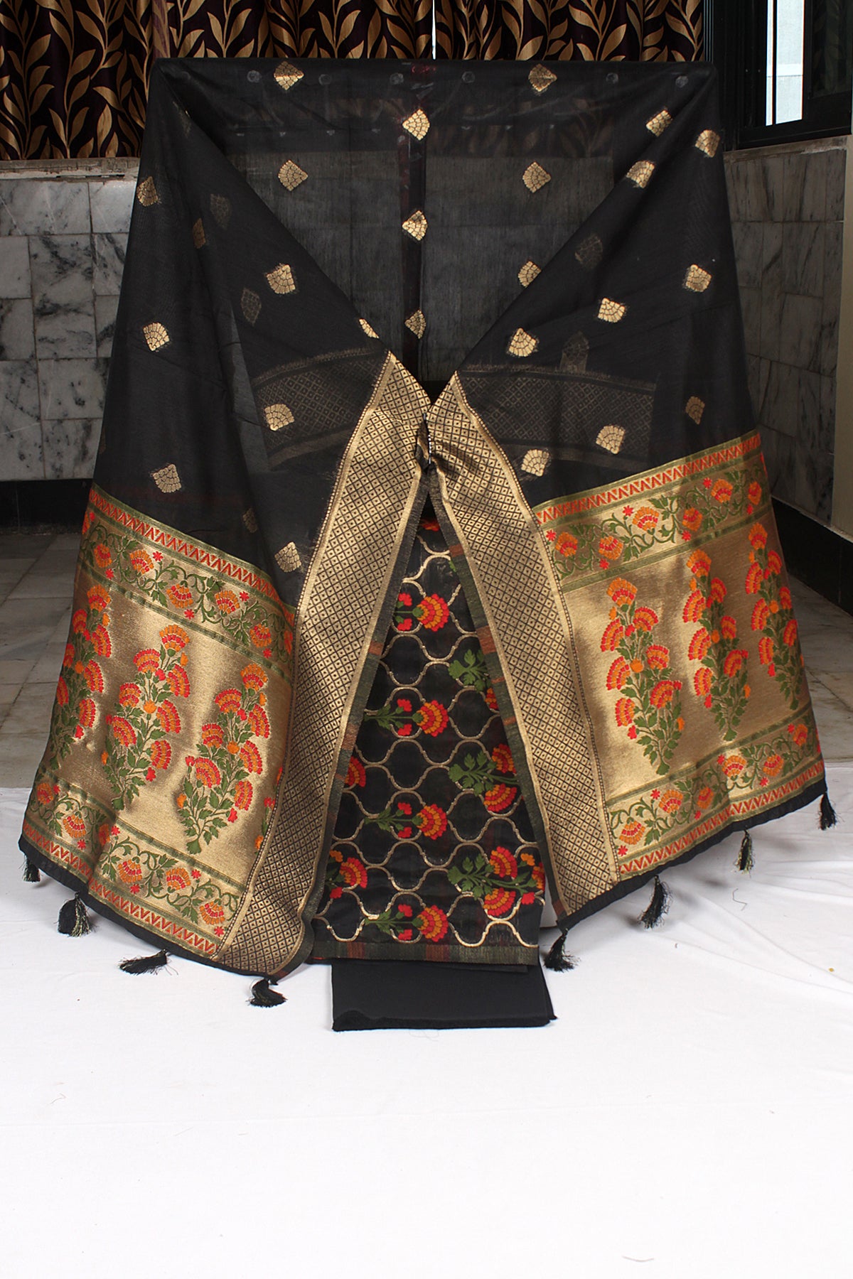 Silakaari Women's Black Zari Work Designer Banarasi Unstitched Dress Material