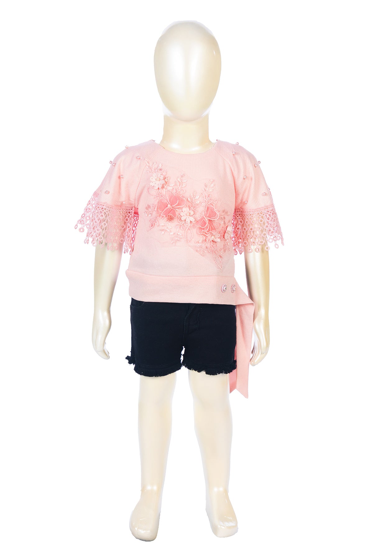 Silakaari Sophia Kids Pink Pearl Lace Flower Fancy Top For Girls with black short