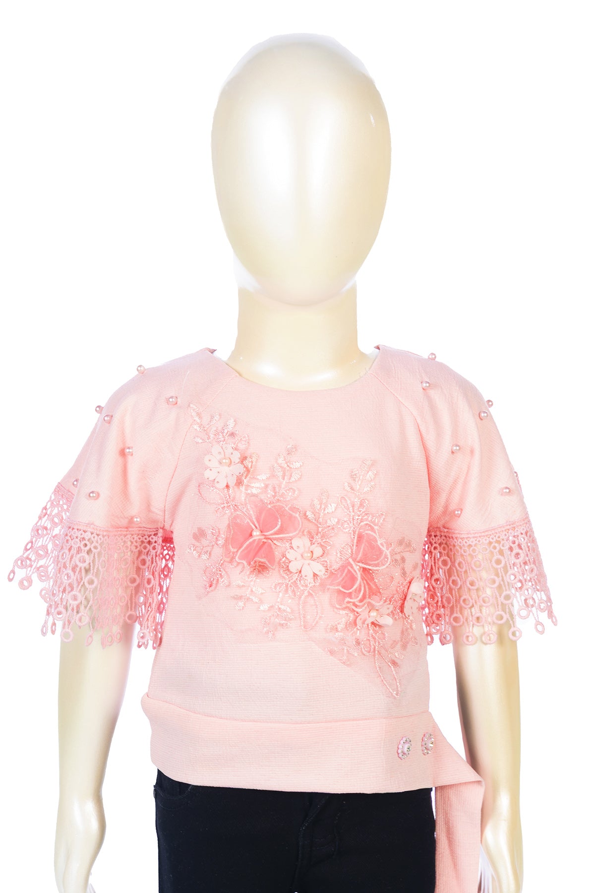Silakaari Sophia Kids Pink Pearl Lace Flower Fancy Top For Girls with black short