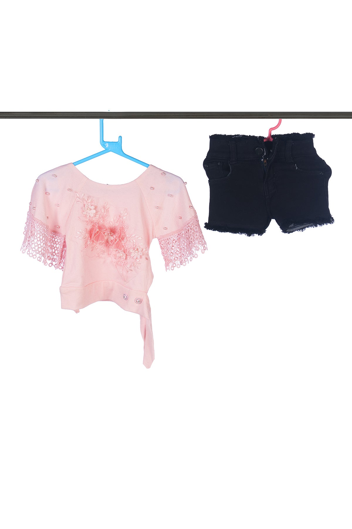 Silakaari Sophia Kids Pink Pearl Lace Flower Fancy Top For Girls with black short