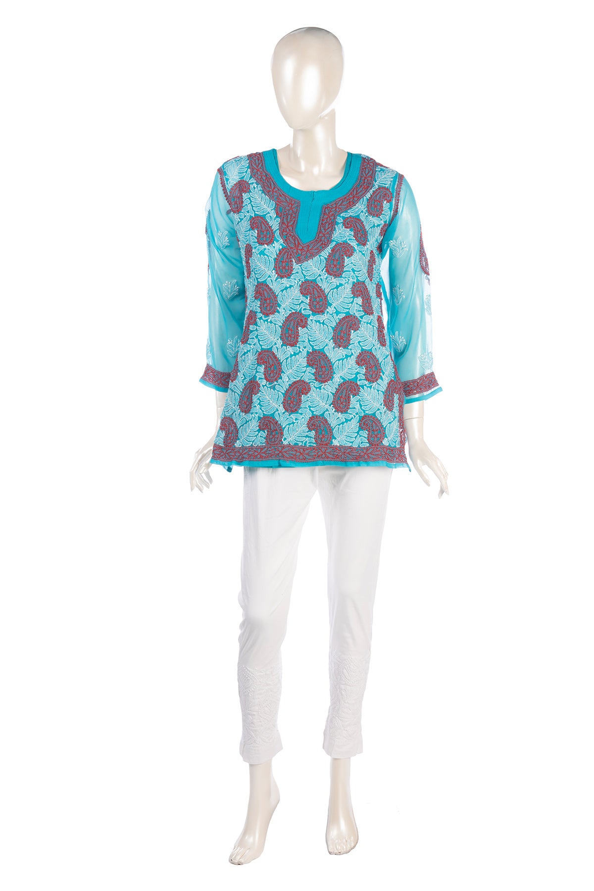 Silakaari Pure Georgette All Over Floral Soft Premium Lucknowi Short Kurti Slip With Pant Set