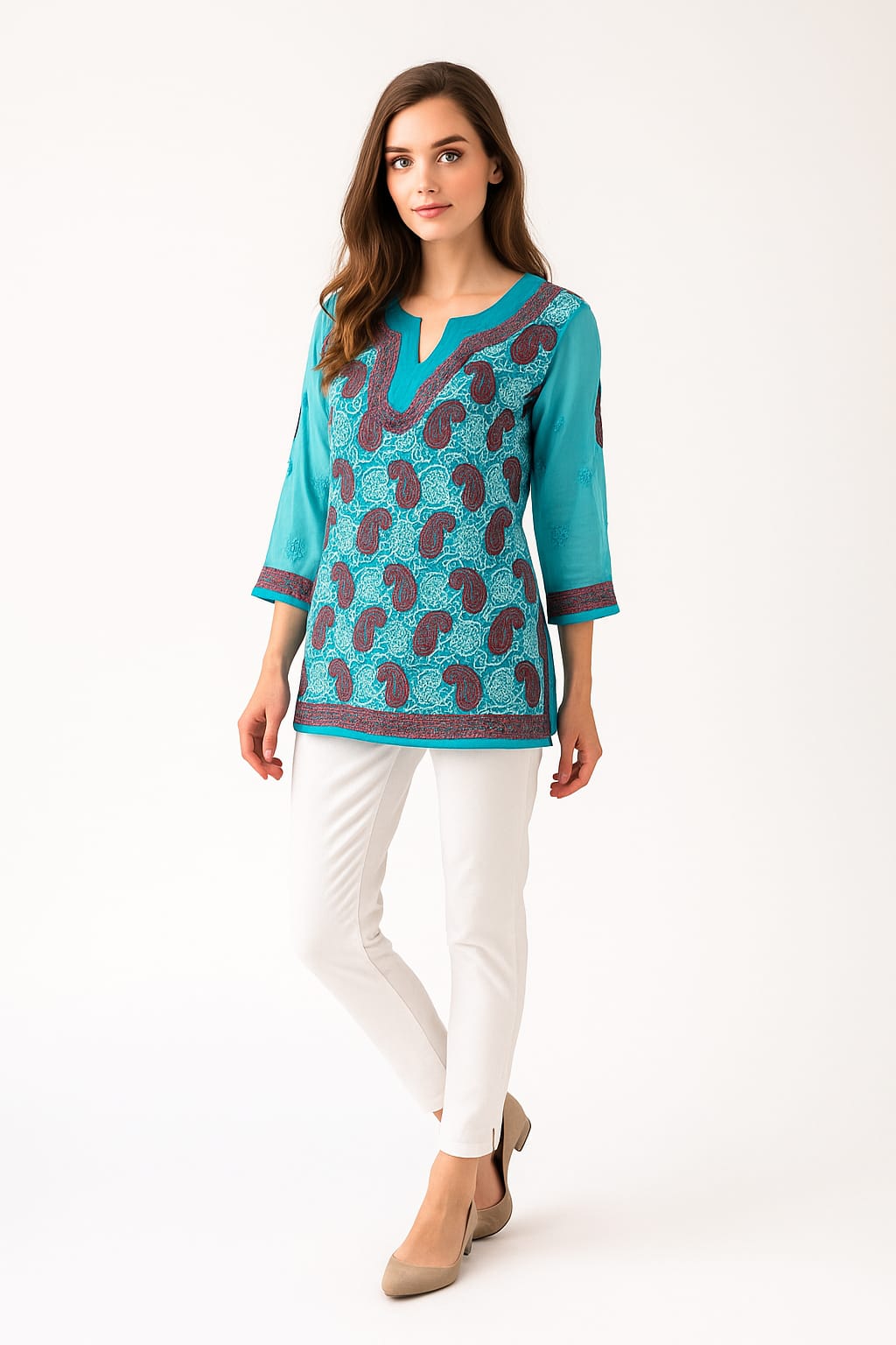 Silakaari Pure Georgette All Over Floral Soft Premium Lucknowi Short Kurti Slip With Pant Set