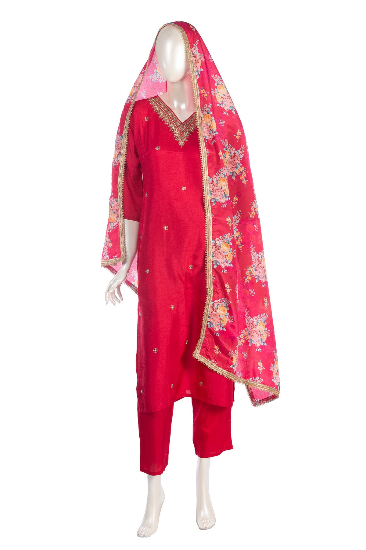 Silakaari Pure Heavy Hand Work V-Neckline Kurti Pant Dupatta Set