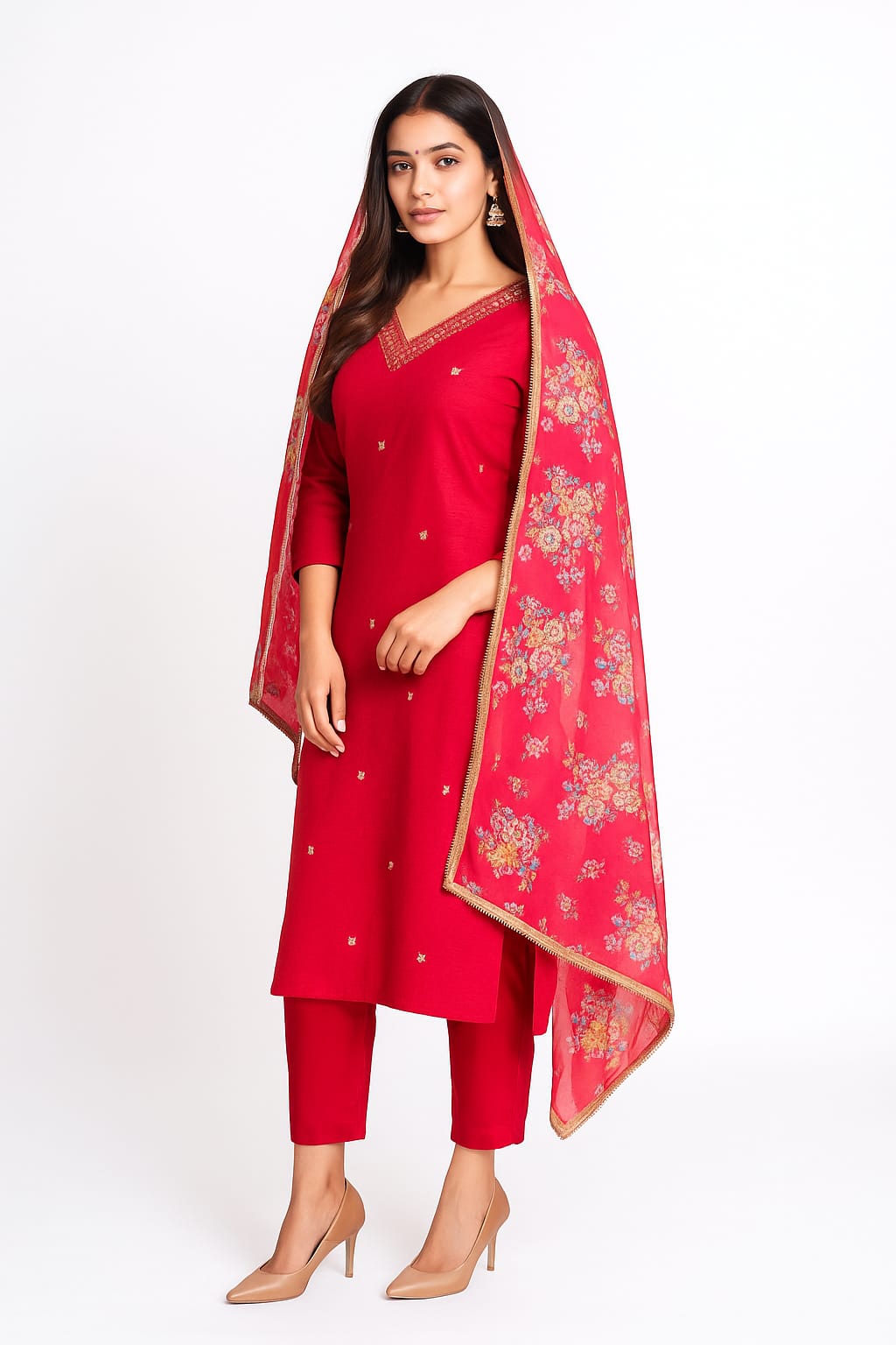 Silakaari Pure Heavy Hand Work V-Neckline Kurti Pant Dupatta Set