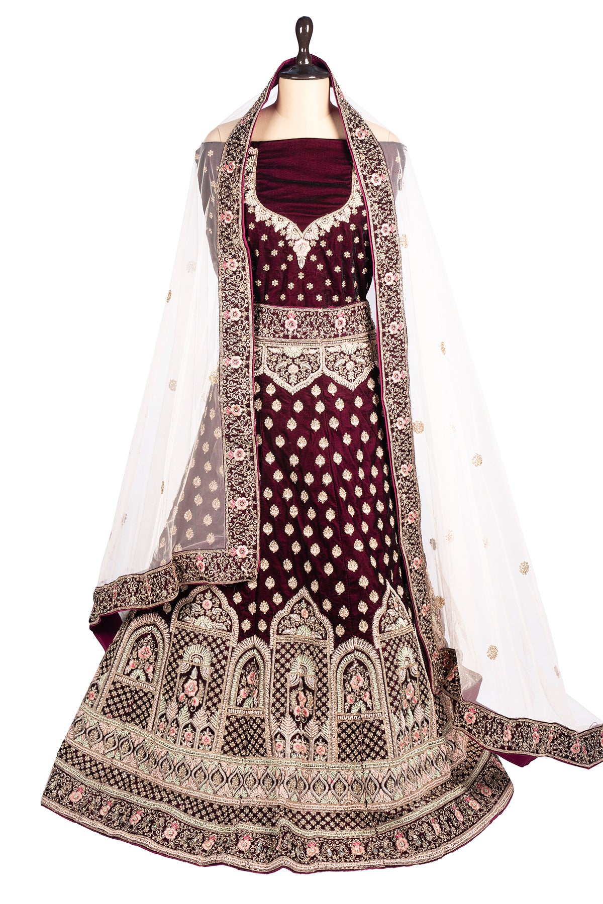 Silakaari Wine Velvet Bridal Lehenga Sharara Set with Zari, Zarkan & Cutdana Work