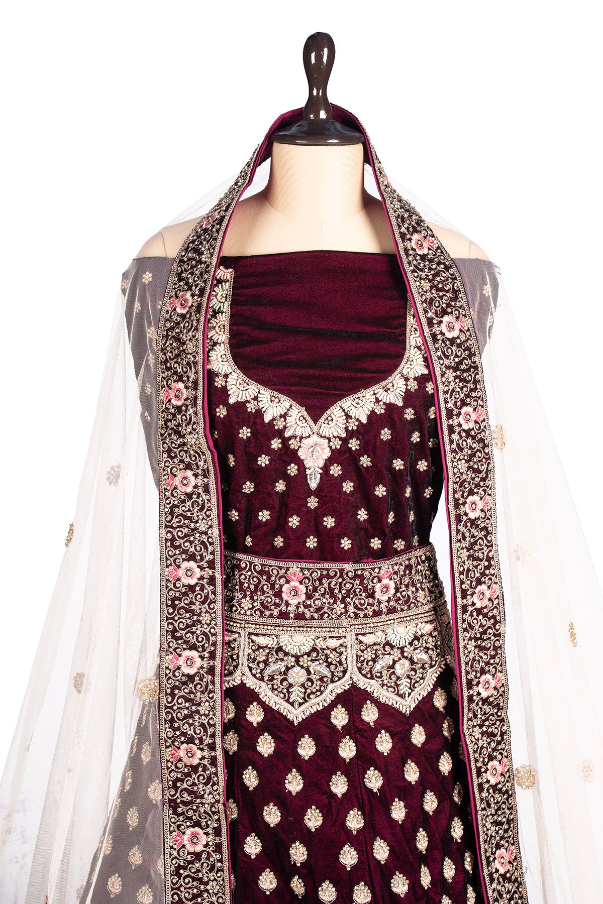 Silakaari Wine Velvet Bridal Lehenga Sharara Set with Zari, Zarkan & Cutdana Work