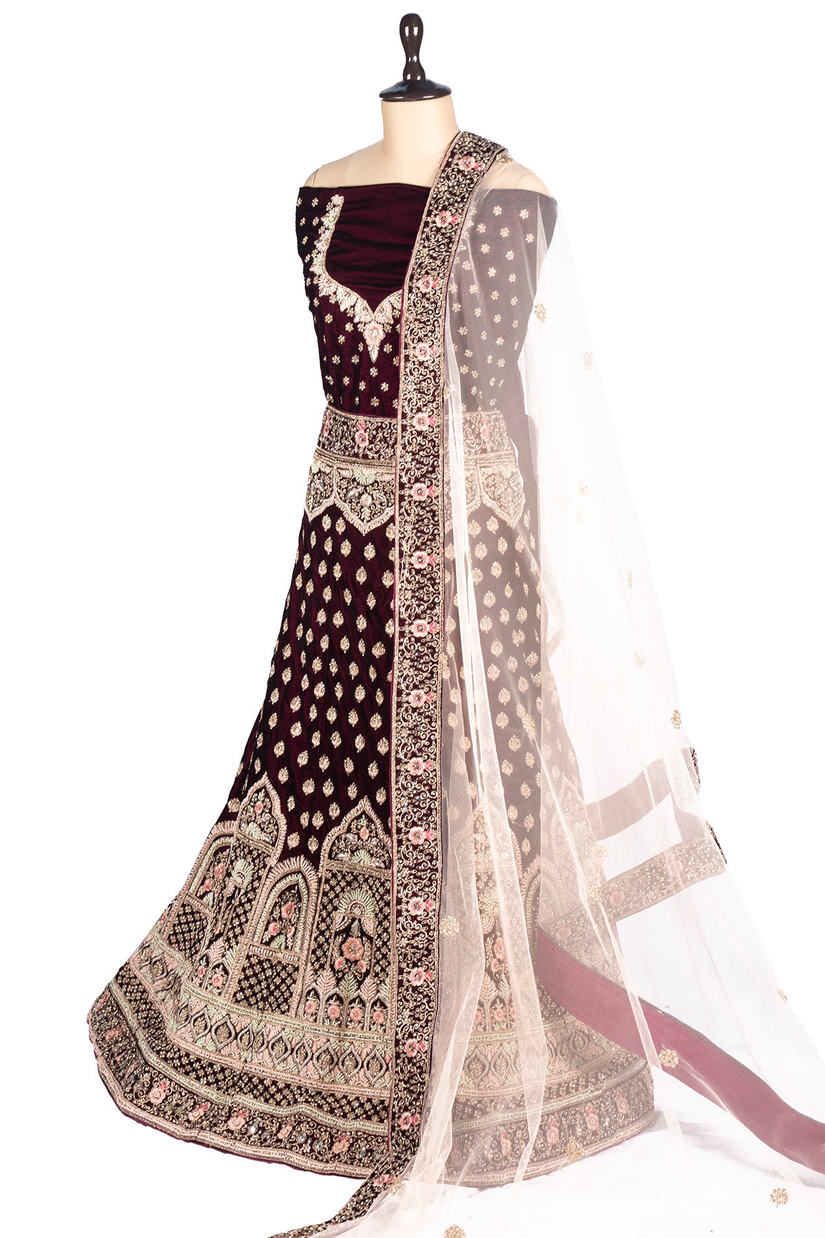 Silakaari Wine Velvet Bridal Lehenga Sharara Set with Zari, Zarkan & Cutdana Work