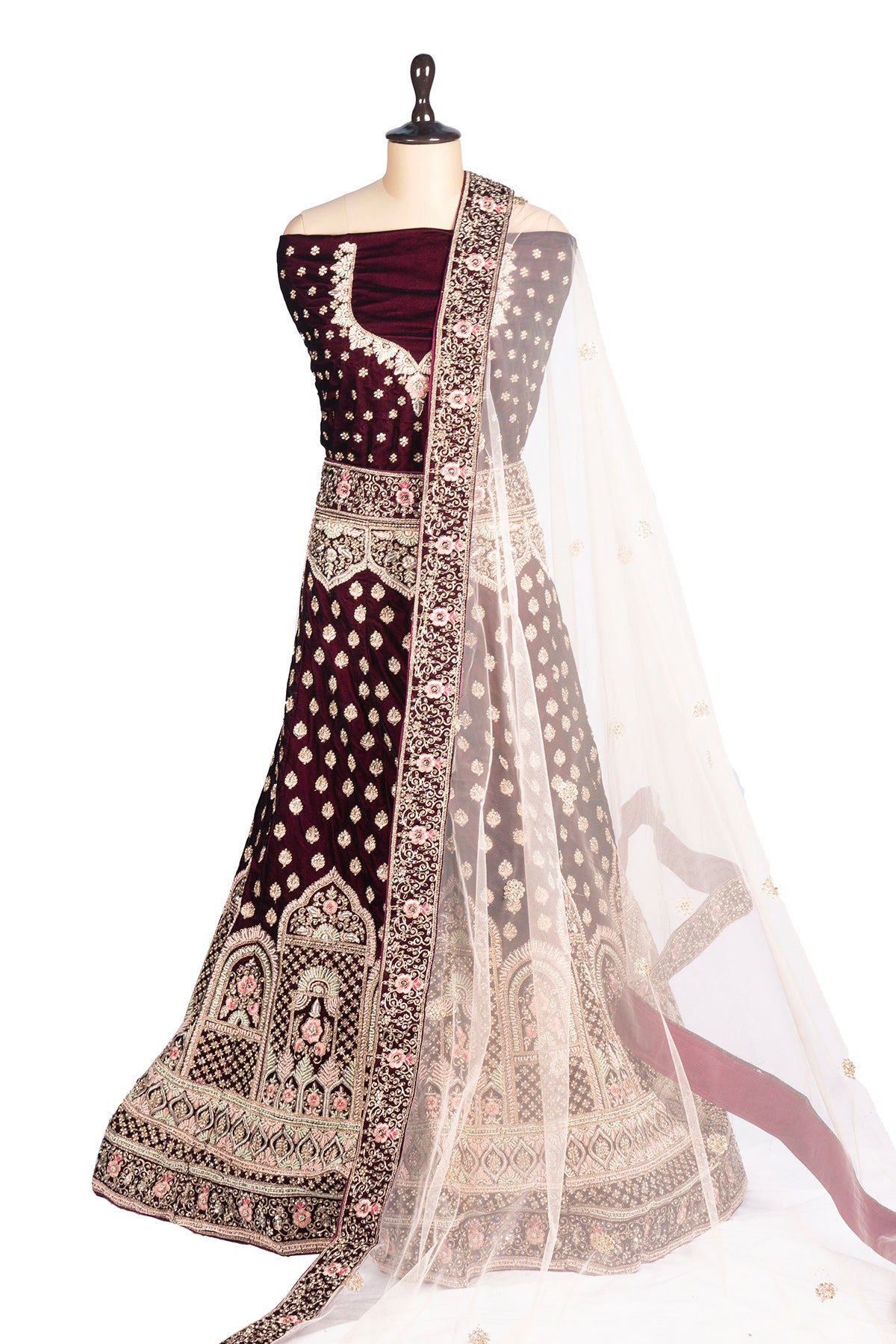 Silakaari Wine Velvet Bridal Lehenga Sharara Set with Zari, Zarkan & Cutdana Work
