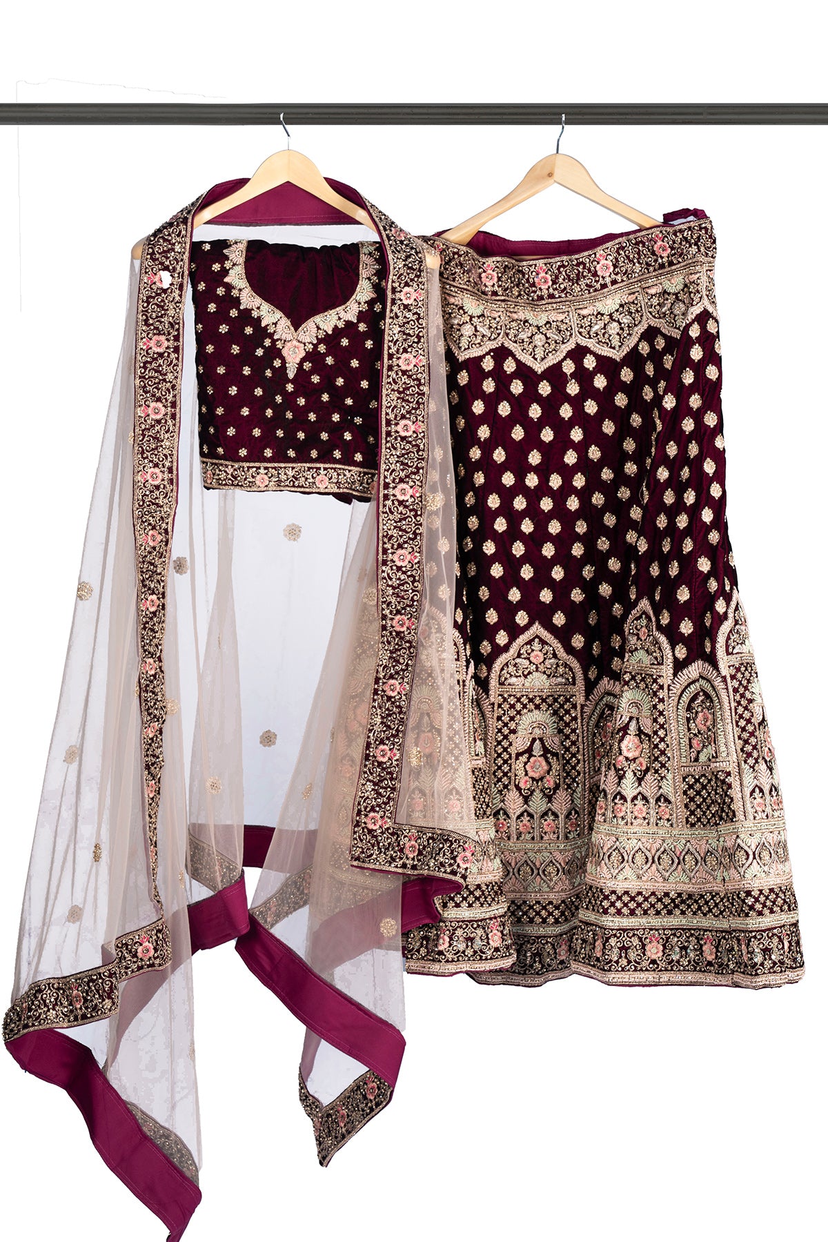 Silakaari Wine Velvet Bridal Lehenga Sharara Set with Zari, Zarkan & Cutdana Work