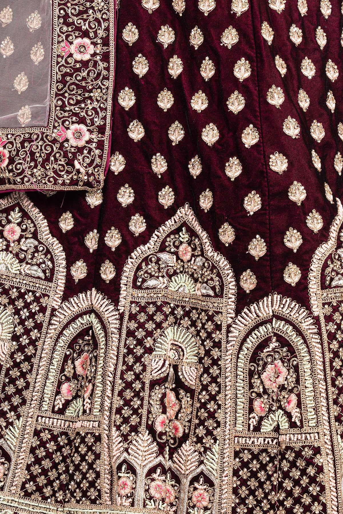 Silakaari Wine Velvet Bridal Lehenga Sharara Set with Zari, Zarkan & Cutdana Work