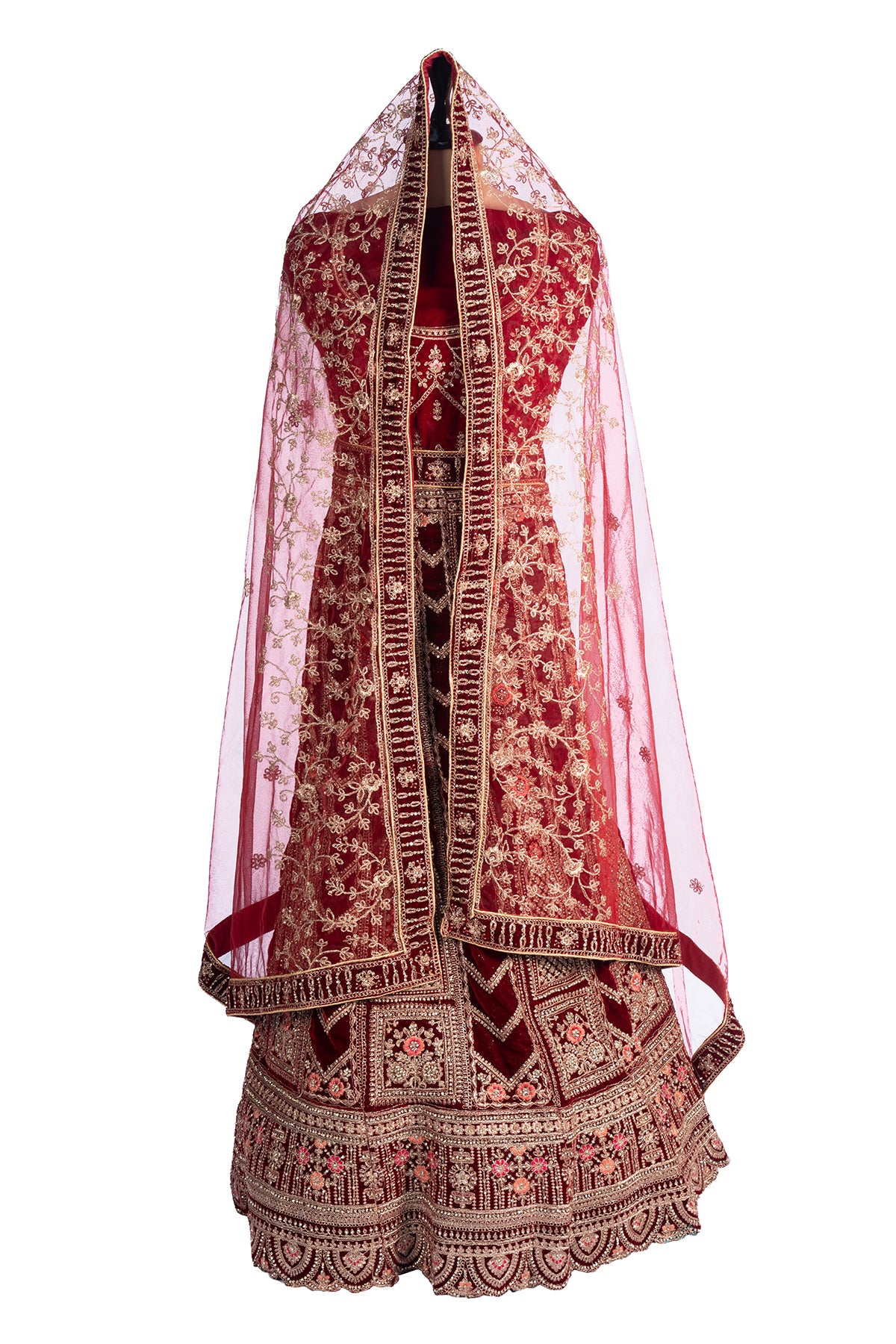 Silakaari Maroon Velvet Bridal Lehenga with Zari, Zarkan & Cutdana Work