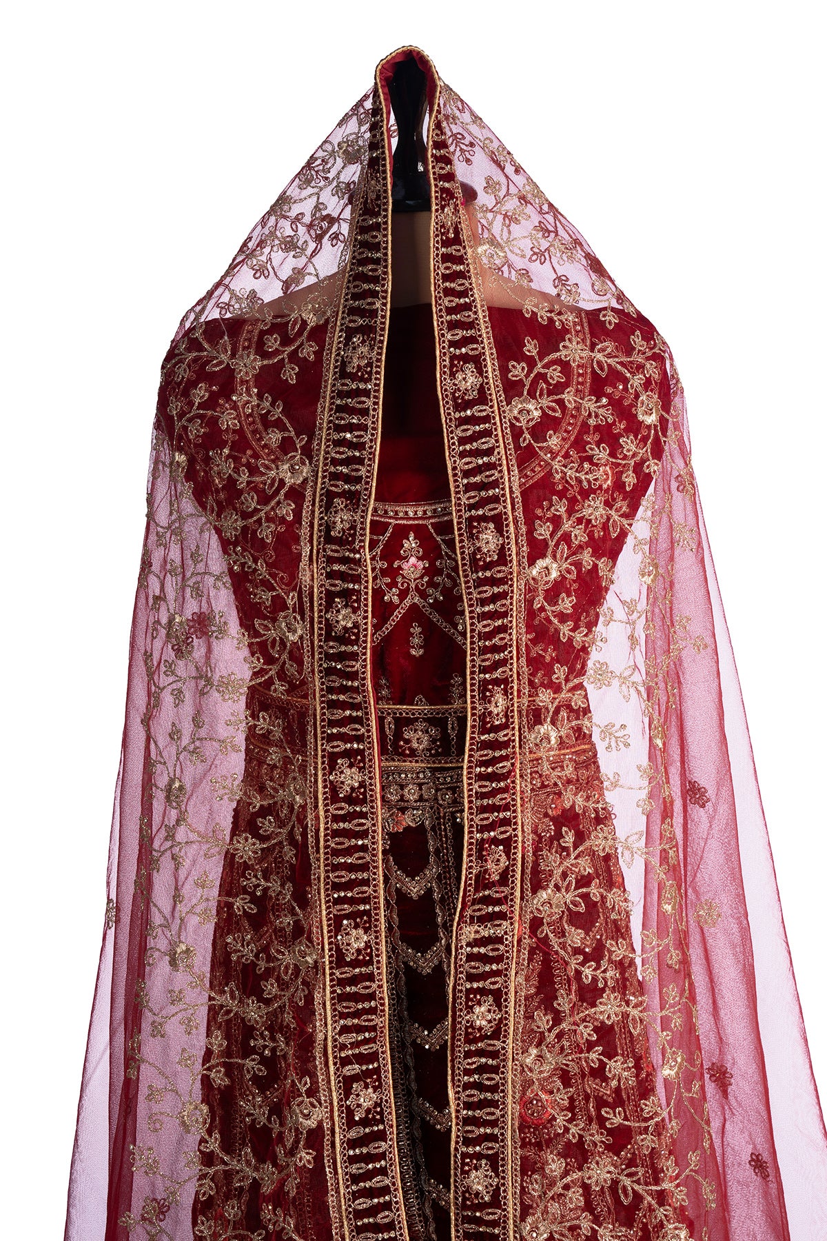 Silakaari Maroon Velvet Bridal Lehenga with Zari, Zarkan & Cutdana Work