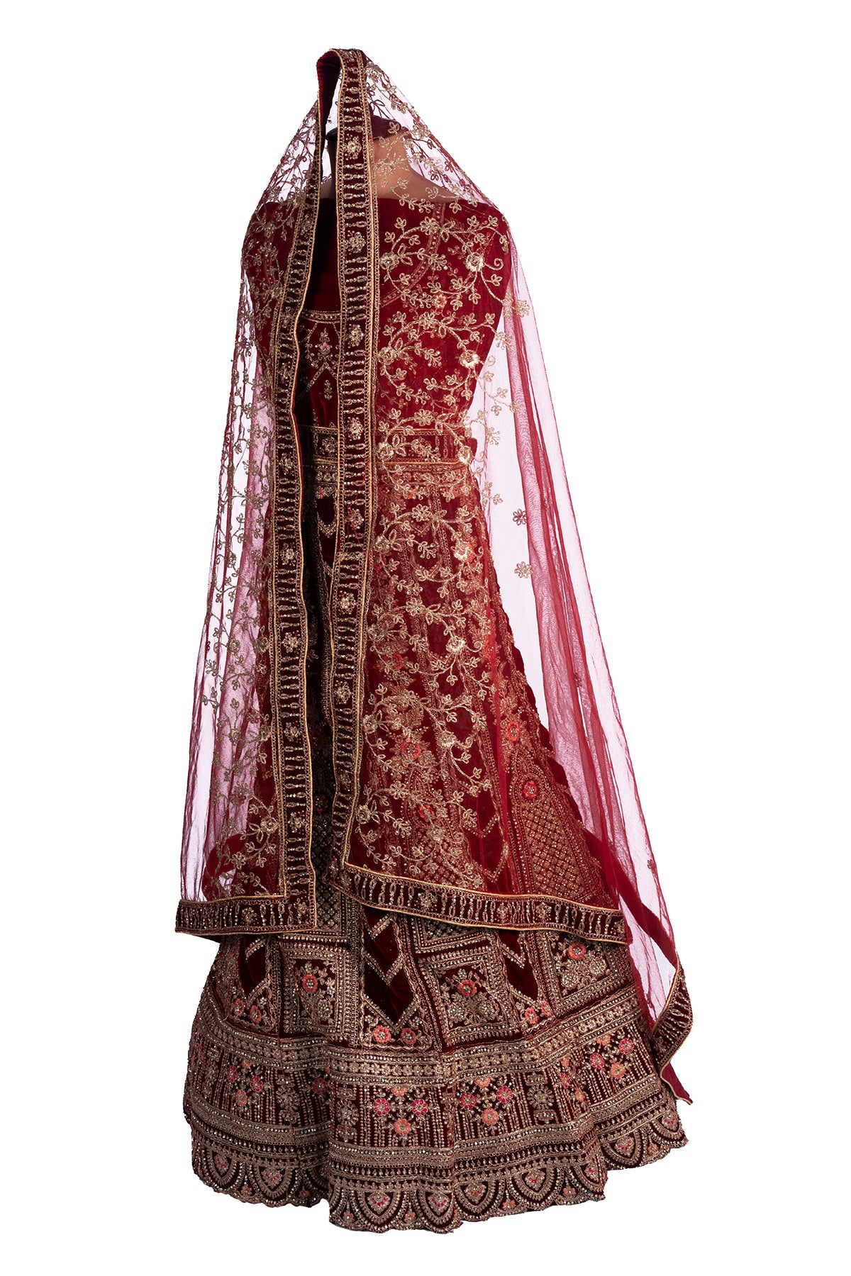 Silakaari Maroon Velvet Bridal Lehenga with Zari, Zarkan & Cutdana Work