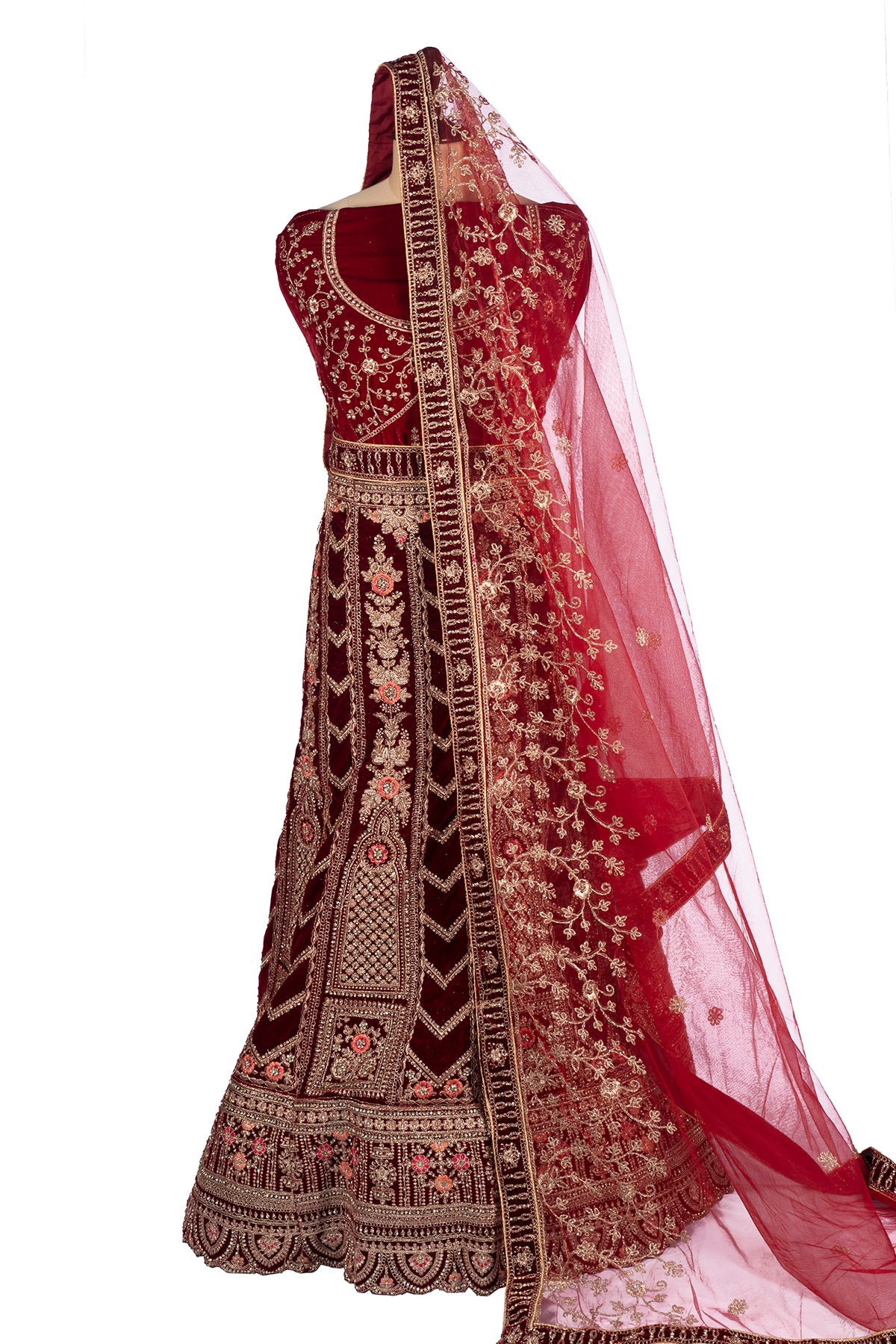 Silakaari Maroon Velvet Bridal Lehenga with Zari, Zarkan & Cutdana Work