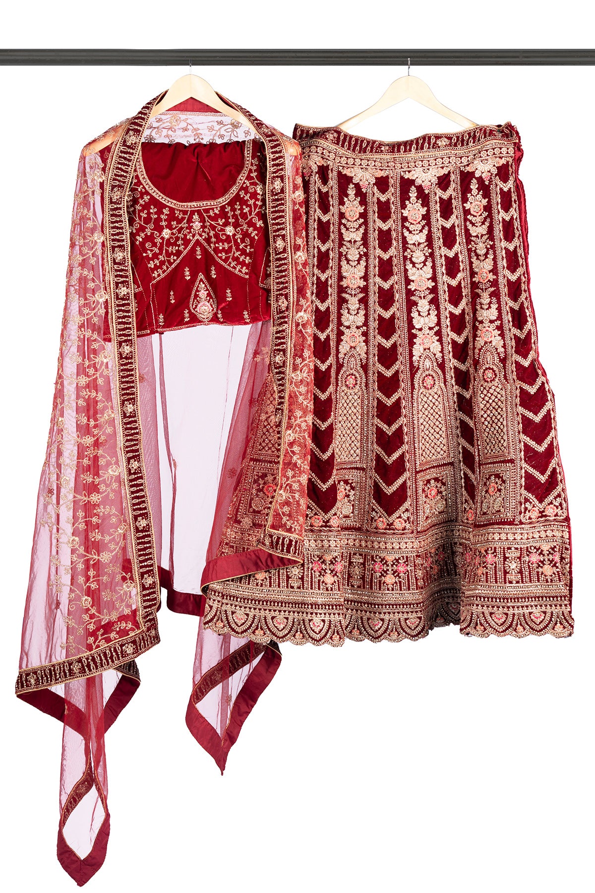 Silakaari Maroon Velvet Bridal Lehenga with Zari, Zarkan & Cutdana Work