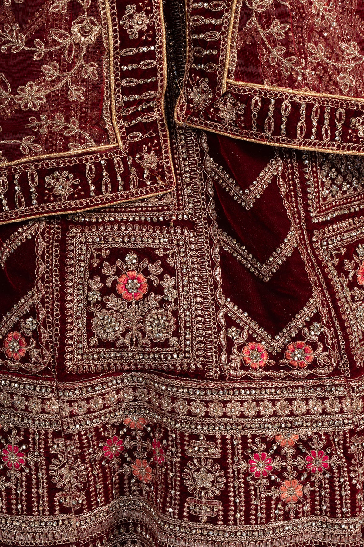 Silakaari Maroon Velvet Bridal Lehenga with Zari, Zarkan & Cutdana Work