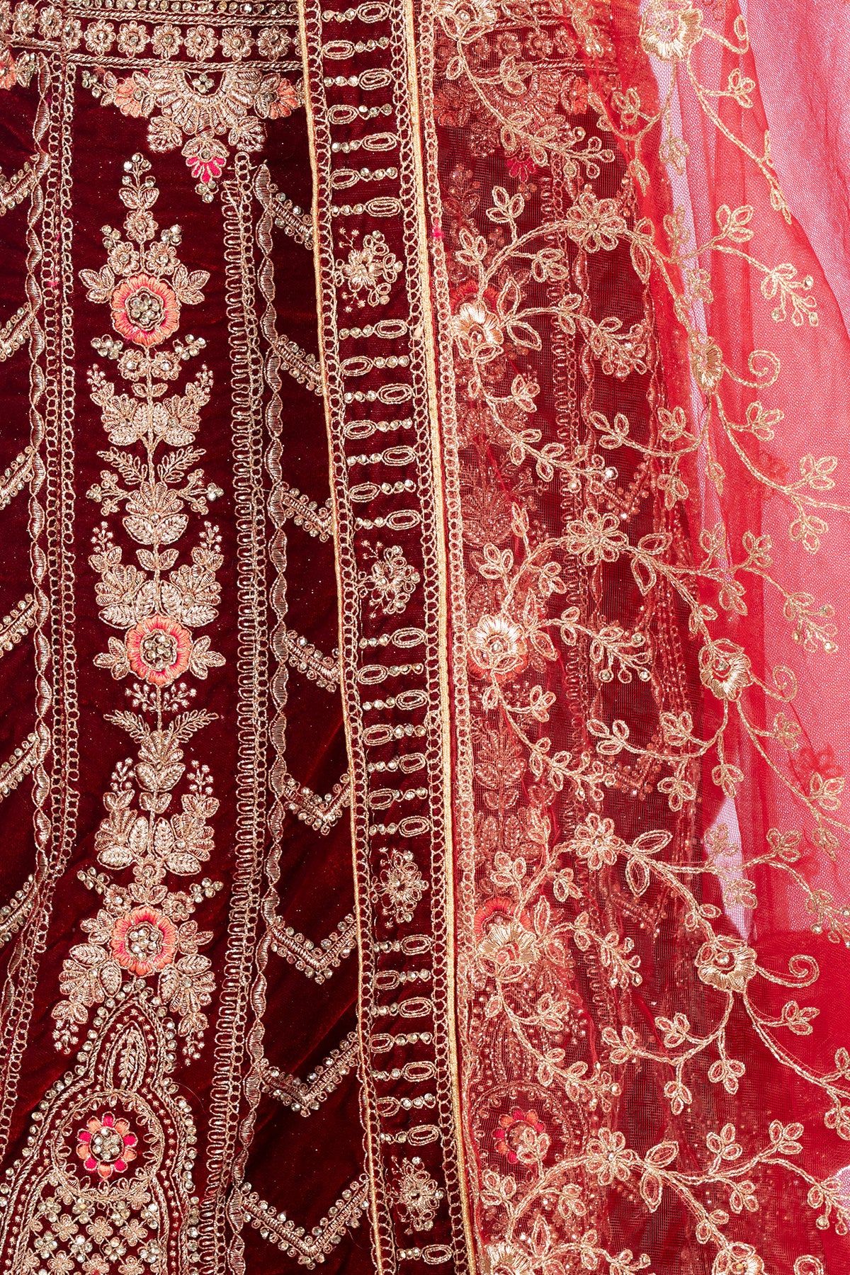 Silakaari Maroon Velvet Bridal Lehenga with Zari, Zarkan & Cutdana Work