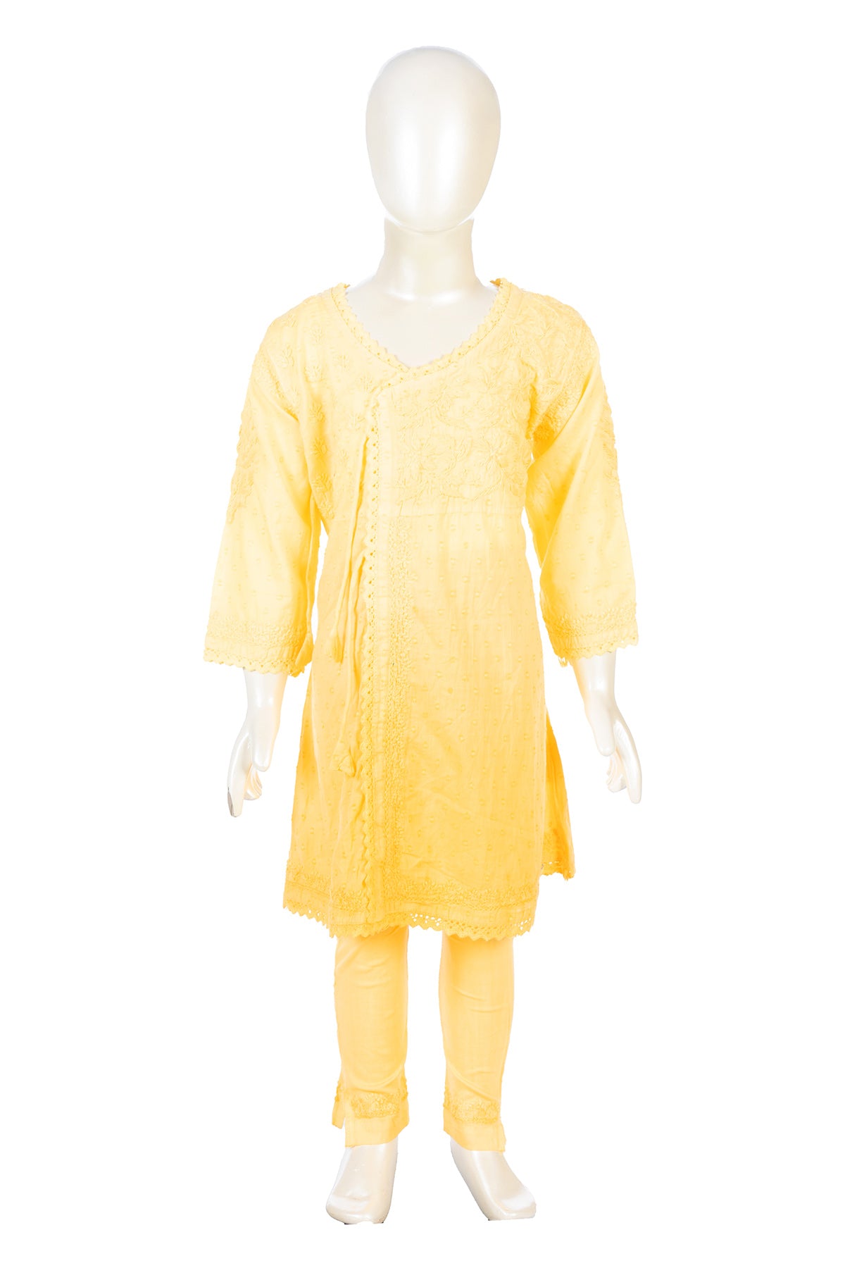 Silakaari Nabila Kids Yellow Mul Cotton Pure Lucknowi Kurti Pant set