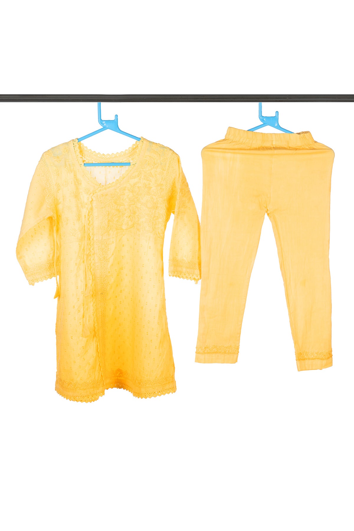 Silakaari Nabila Kids Yellow Mul Cotton Pure Lucknowi Kurti Pant set