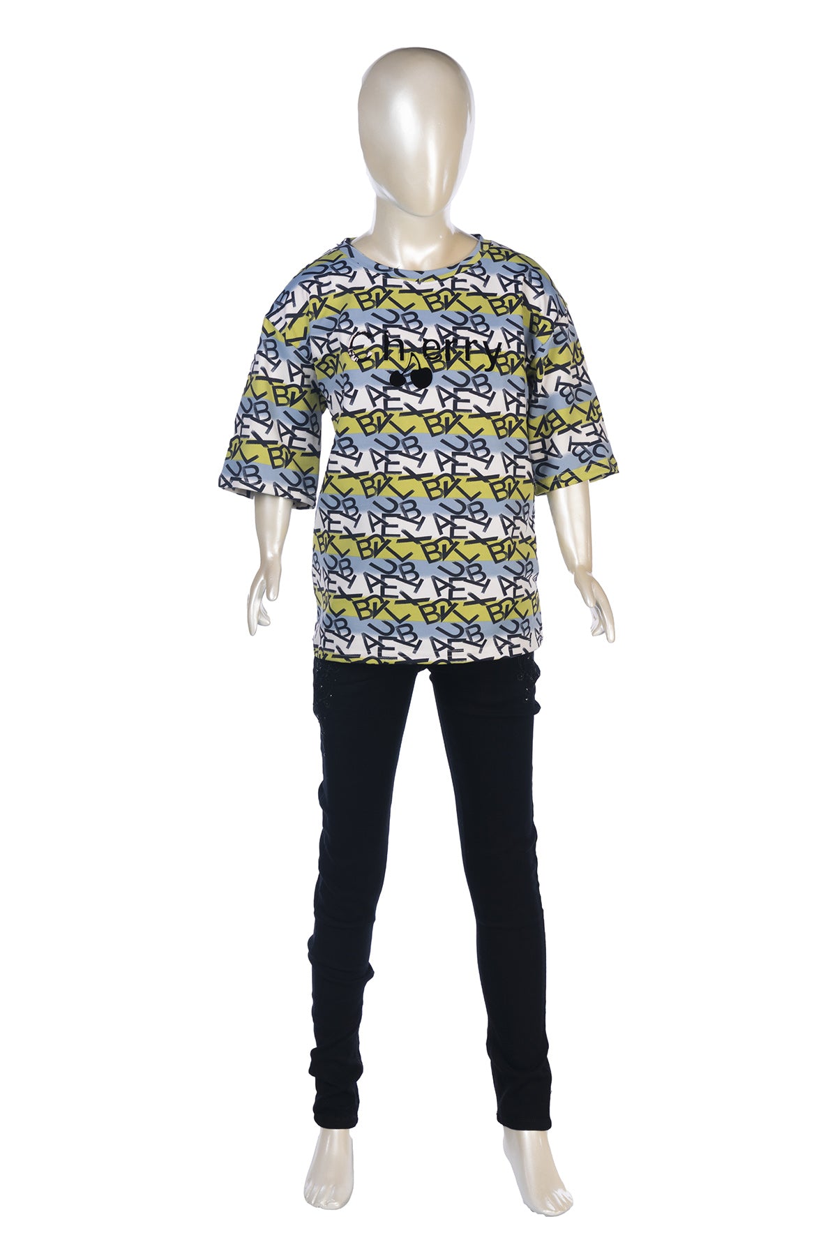 Silakaari Aaima Kids Green Printed T-Shirt With Black Jeans For Girls