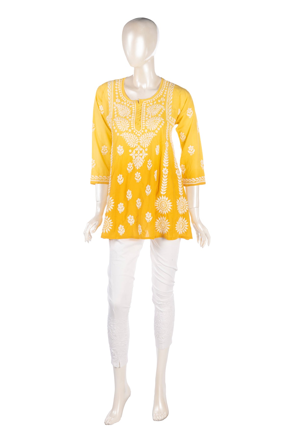 Silakaari Pure Viscose Yellow Shaded Heavy Lucknowi Aline Kurti With Pant Set