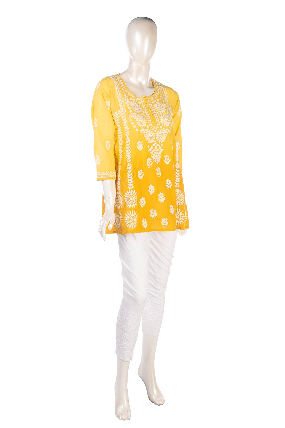 Silakaari Pure Viscose Yellow Shaded Heavy Lucknowi Aline Kurti With Pant Set