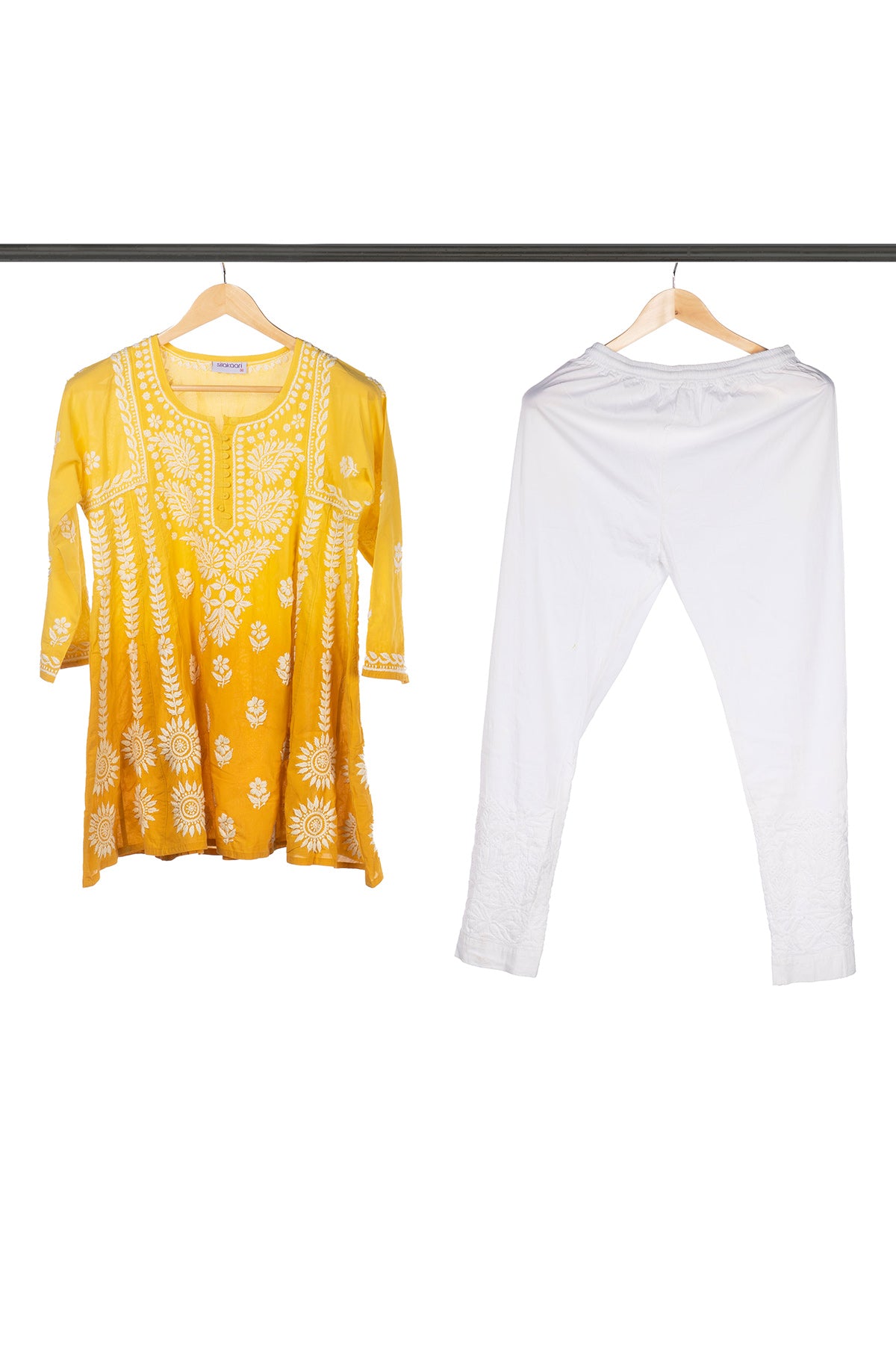 Silakaari Pure Viscose Yellow Shaded Heavy Lucknowi Aline Kurti With Pant Set