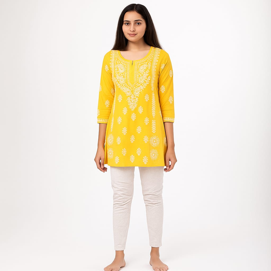Silakaari Pure Viscose Yellow Shaded Heavy Lucknowi Aline Kurti With Pant Set