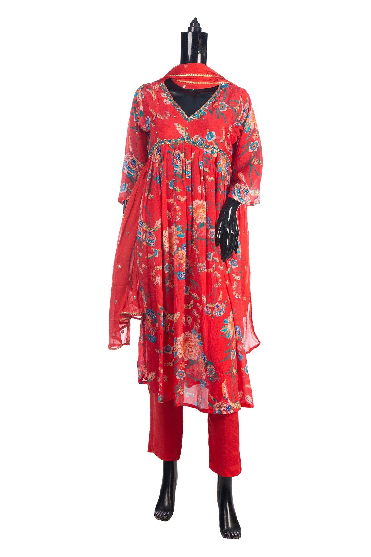 Silakaari Carrot Alia Style Pure Chinon Hand-work Kurti Set with Dupatta