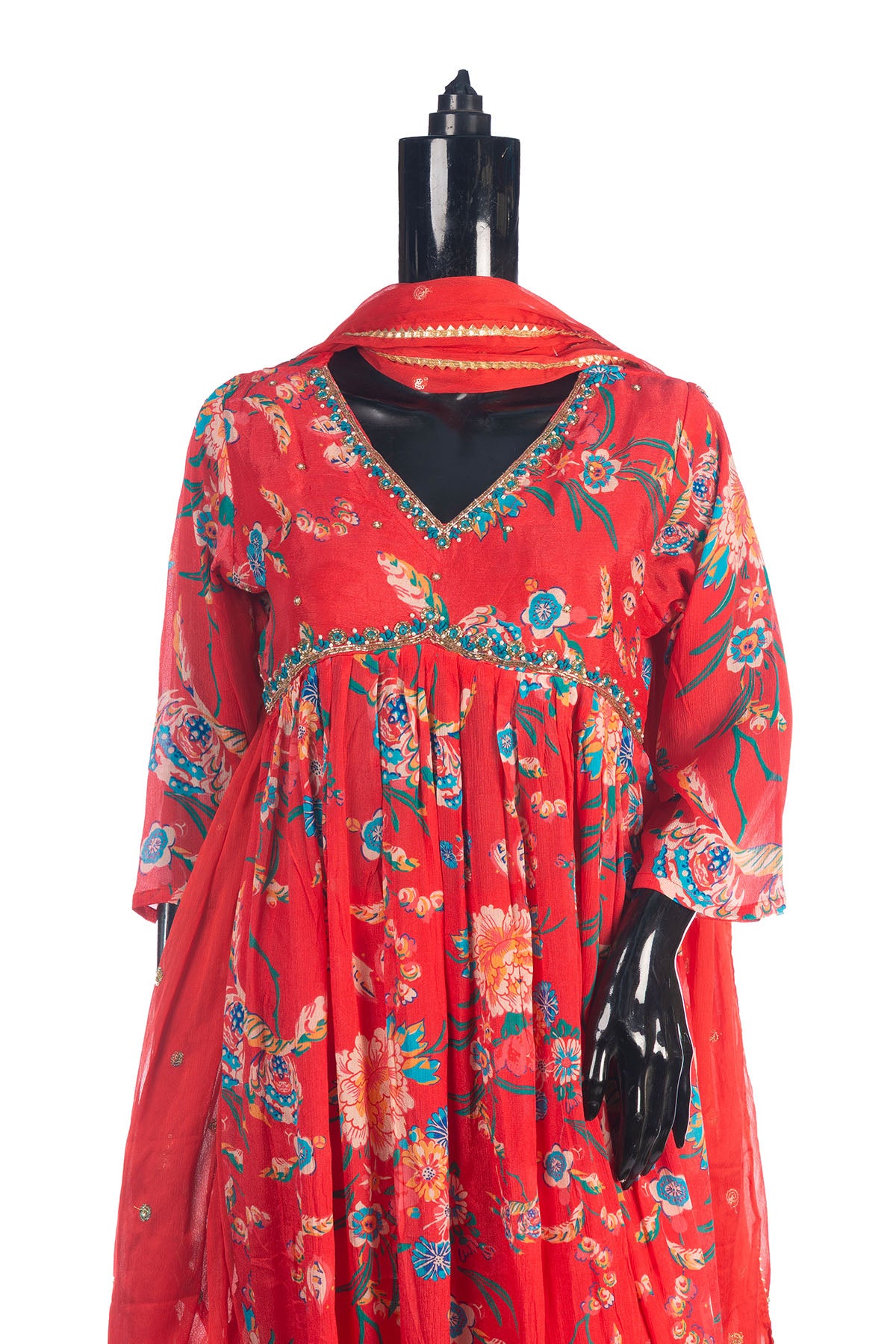 Silakaari Carrot Alia Style Pure Chinon Hand-work Kurti Set with Dupatta