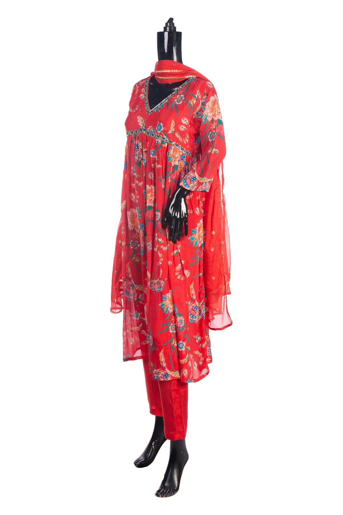 Silakaari Carrot Alia Style Pure Chinon Hand-work Kurti Set with Dupatta