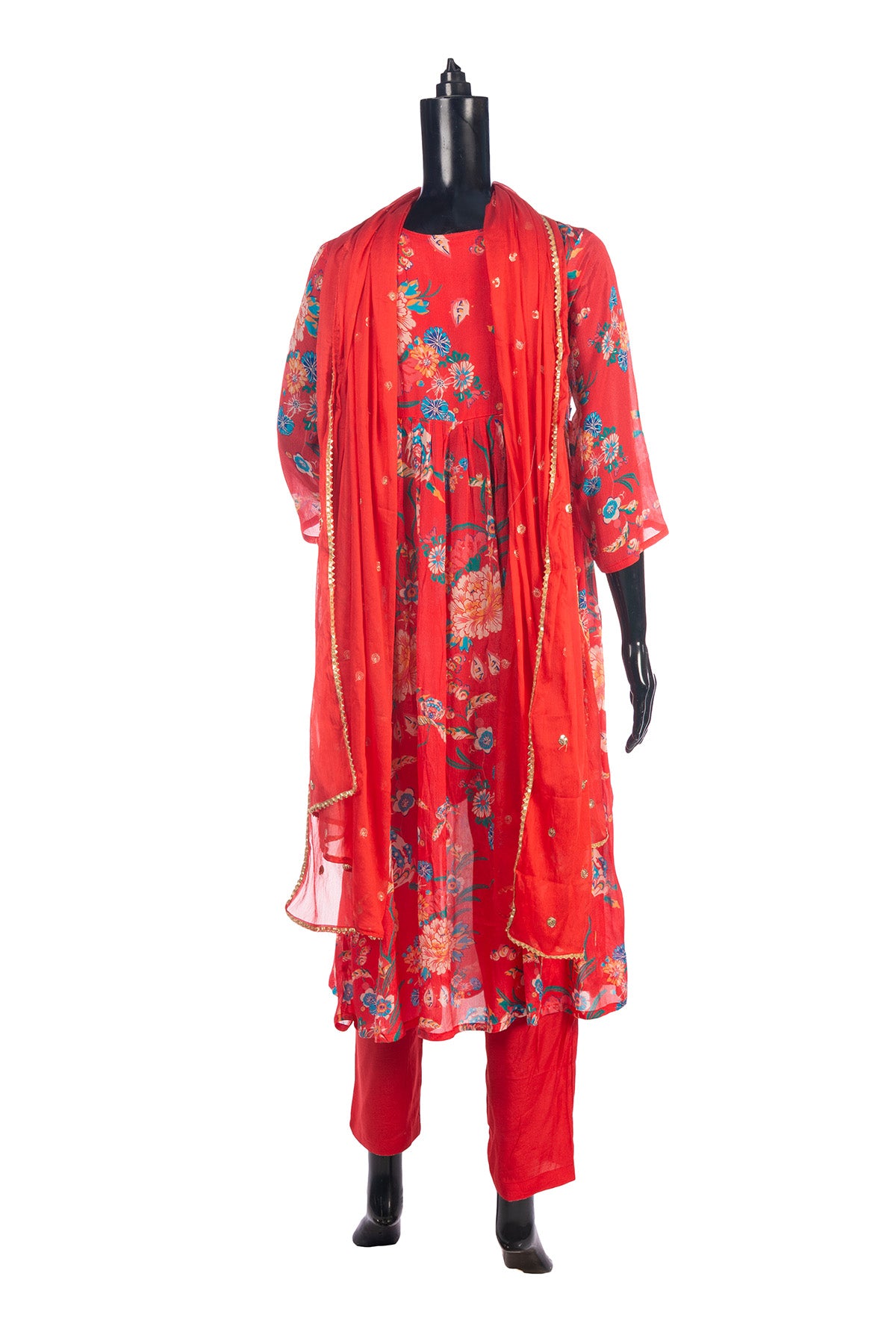 Silakaari Carrot Alia Style Pure Chinon Hand-work Kurti Set with Dupatta