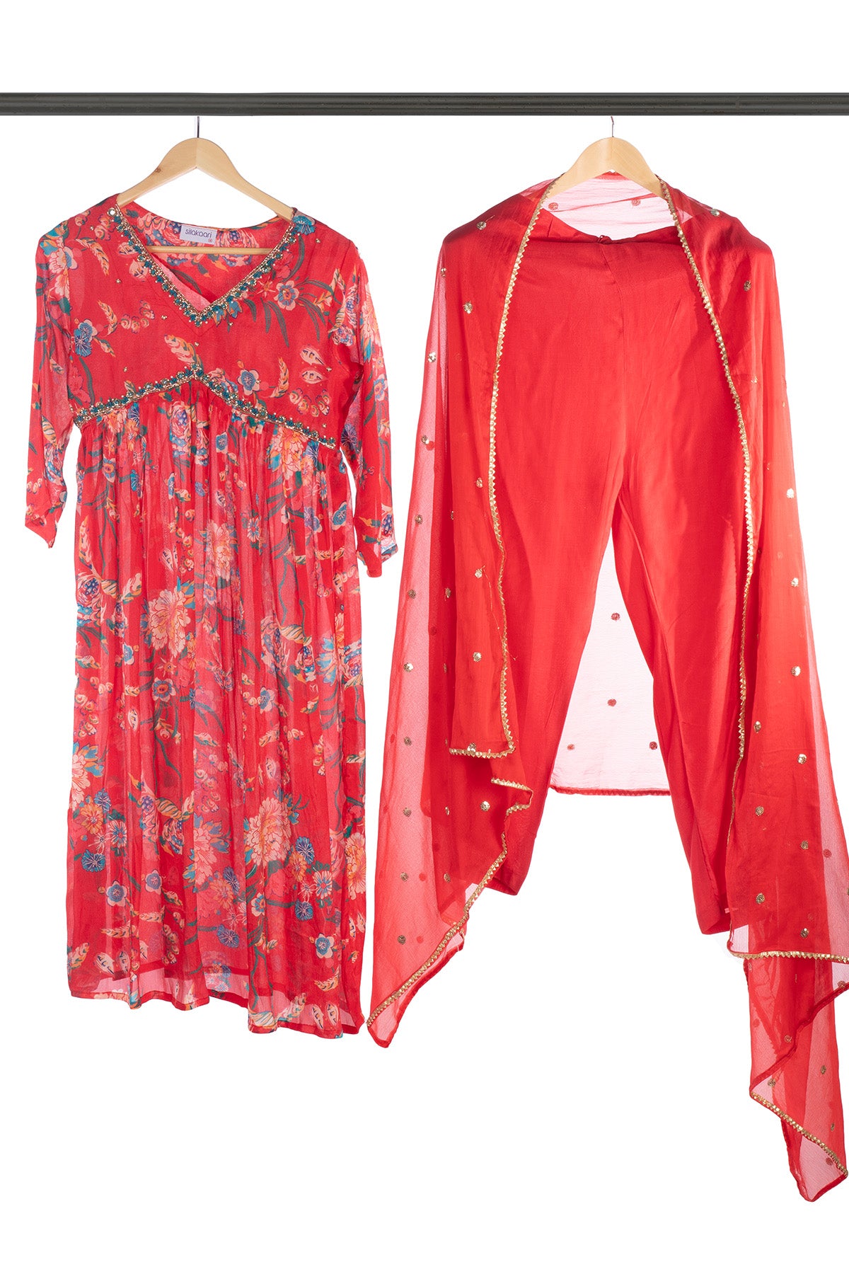 Silakaari Carrot Alia Style Pure Chinon Hand-work Kurti Set with Dupatta