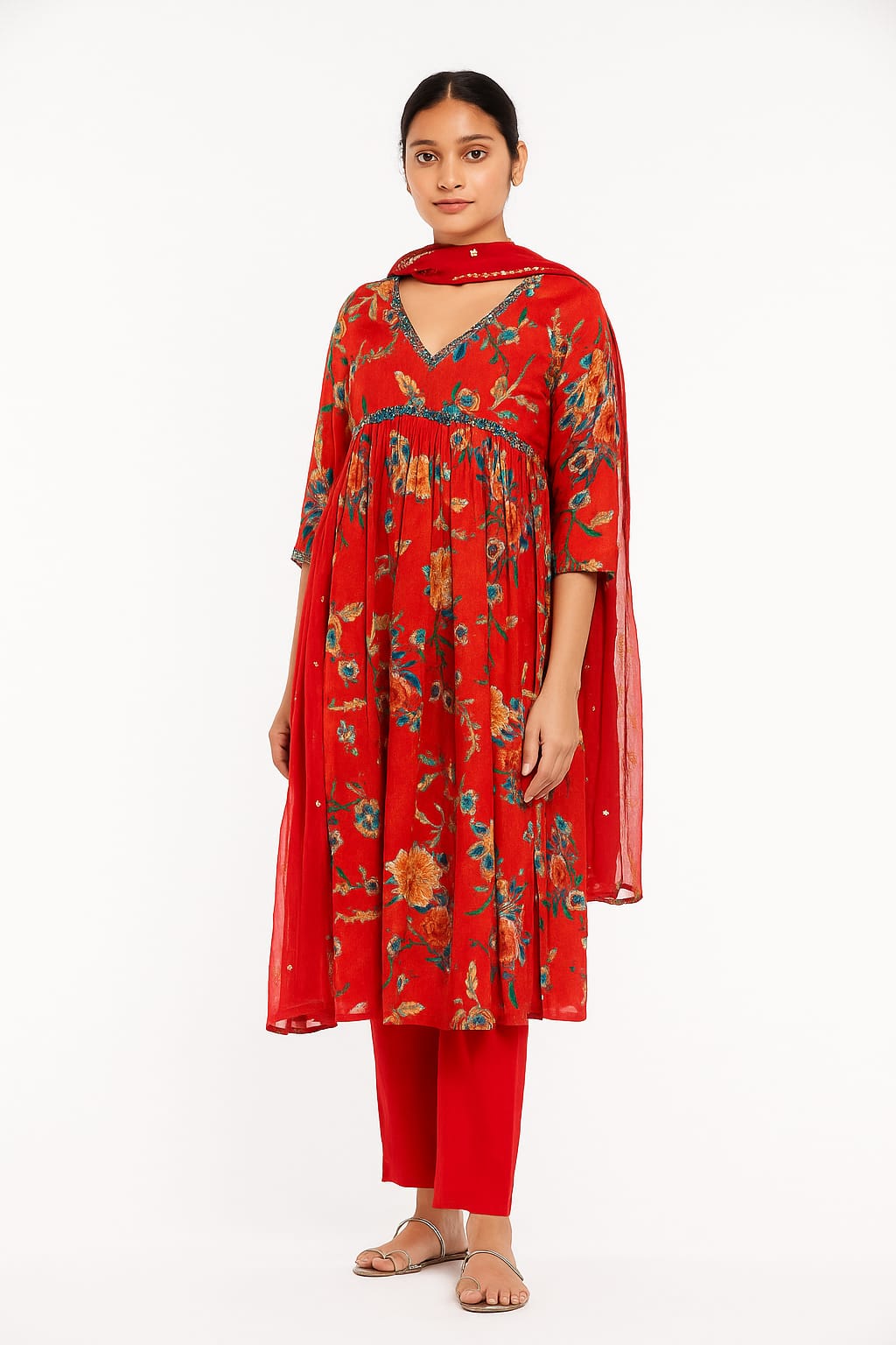 Silakaari Carrot Alia Style Pure Chinon Hand-work Kurti Set with Dupatta
