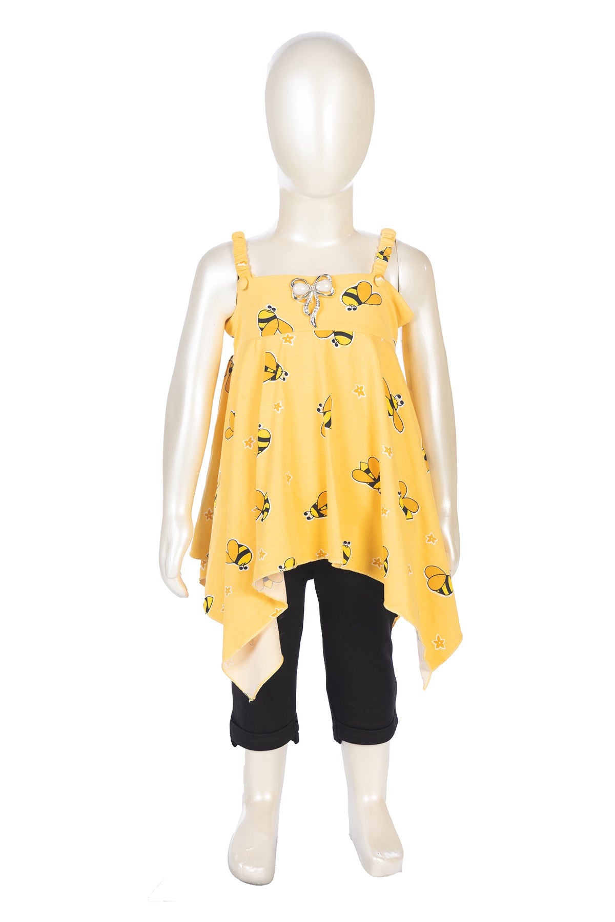 Silakaari Maryam Kids Honey Bee Printed Yellow Smocked Fancy Butterfly Top With Jeans For Girls