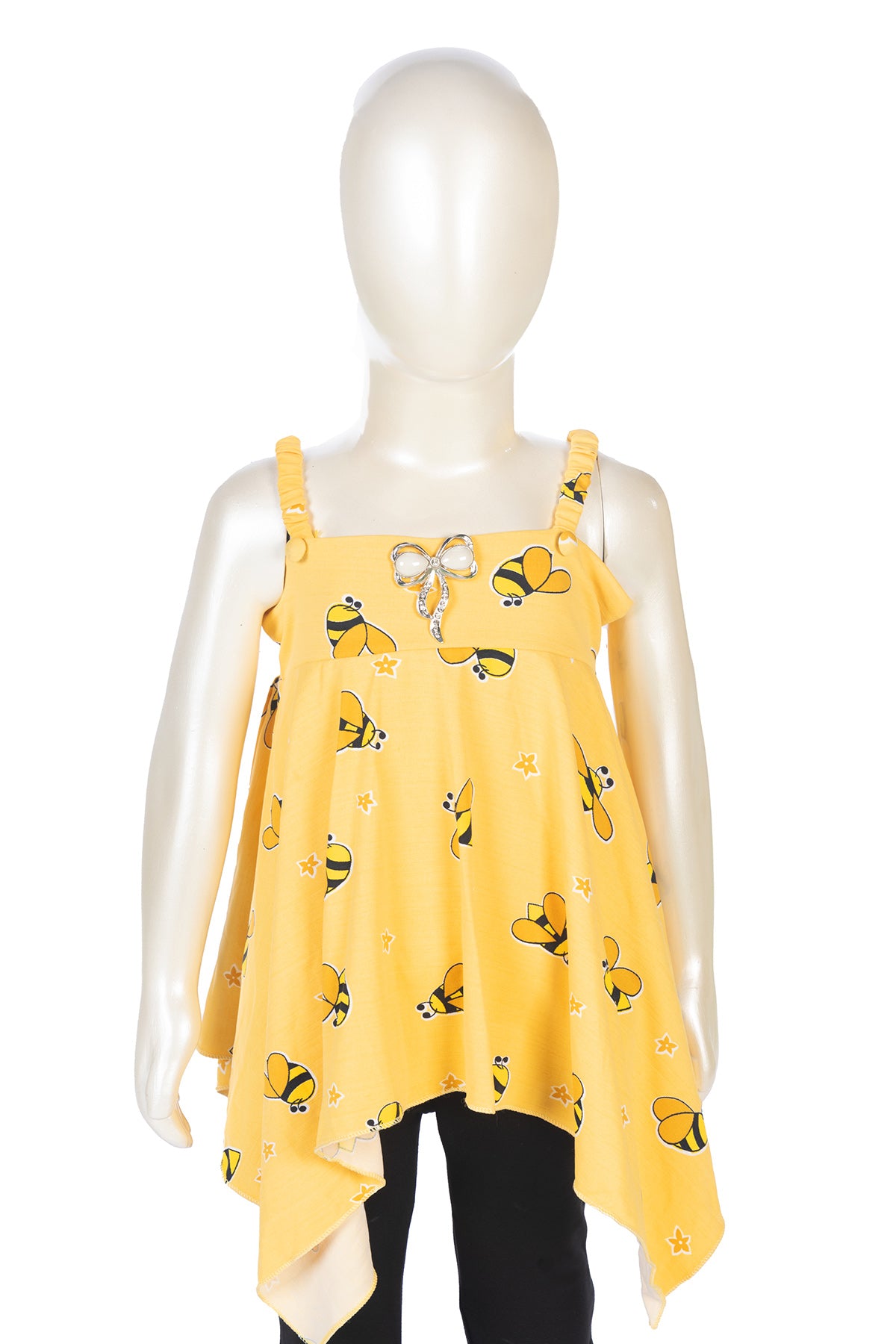 Silakaari Maryam Kids Honey Bee Printed Yellow Smocked Fancy Butterfly Top With Jeans For Girls