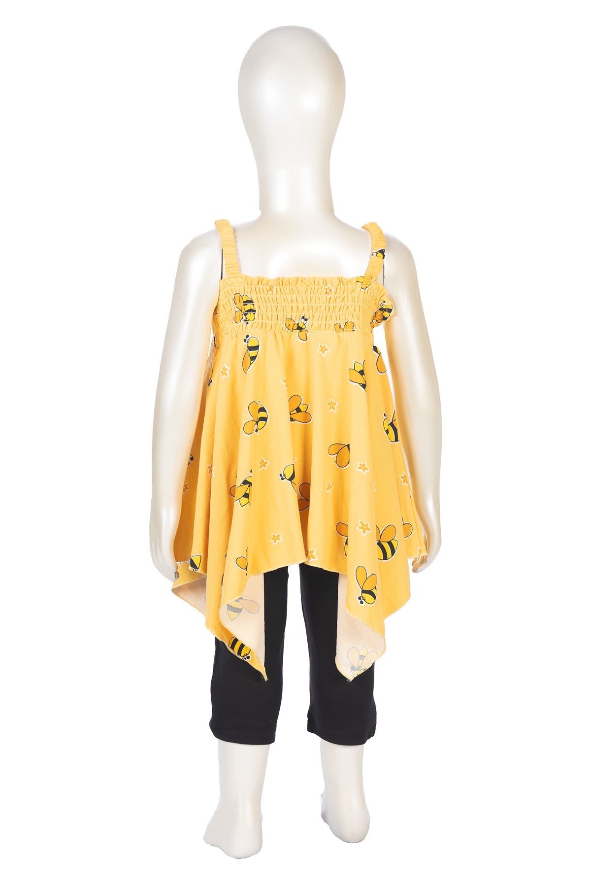 Silakaari Maryam Kids Honey Bee Printed Yellow Smocked Fancy Butterfly Top With Jeans For Girls