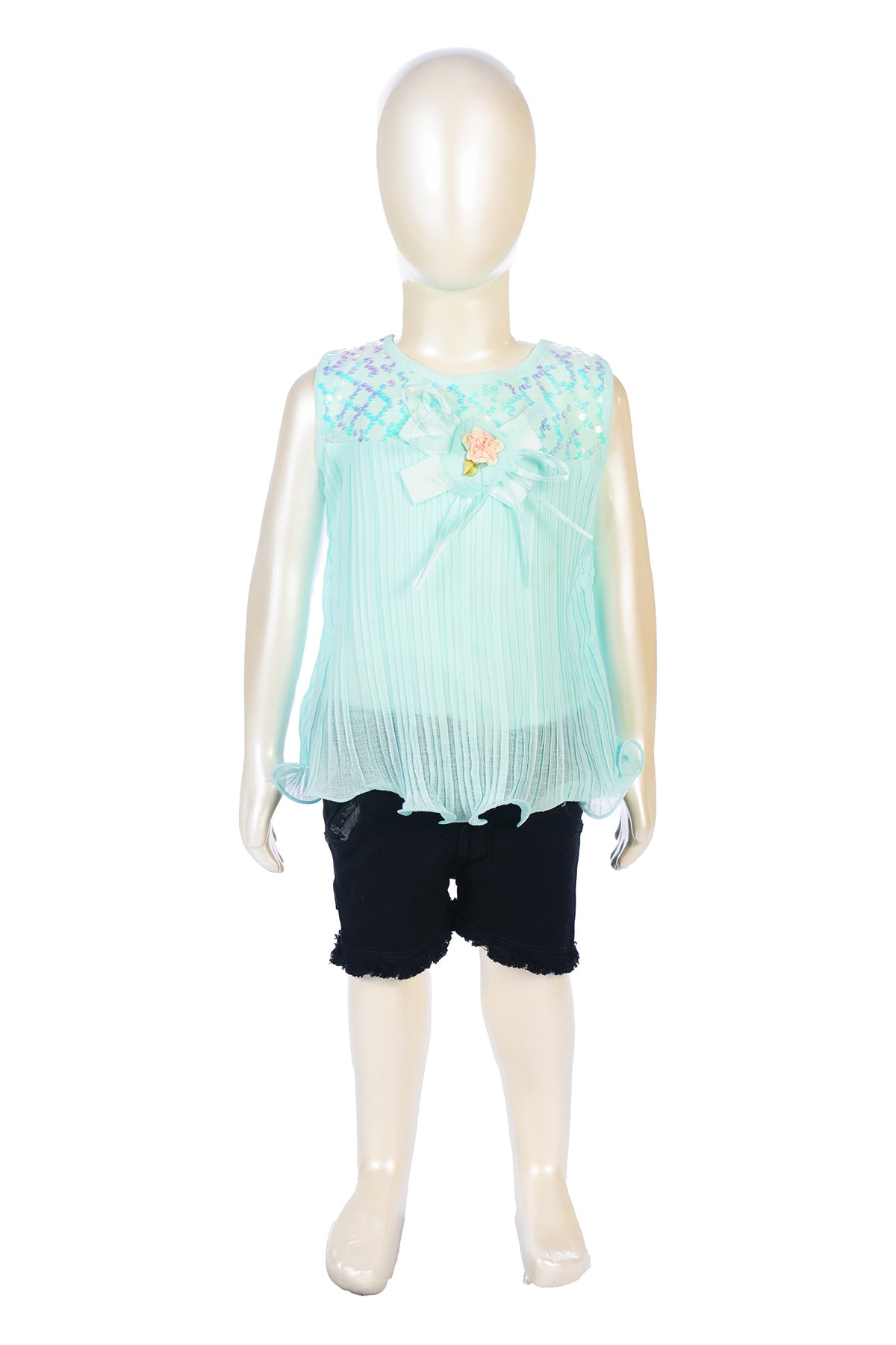Silakaari Aisha Kids Fancy Sky Blue Stylish Sequnis Bow Top With Short For Girls