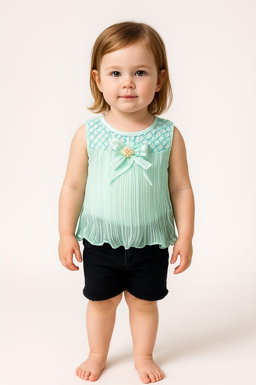 Silakaari Aisha Kids Fancy Sky Blue Stylish Sequnis Bow Top With Short For Girls