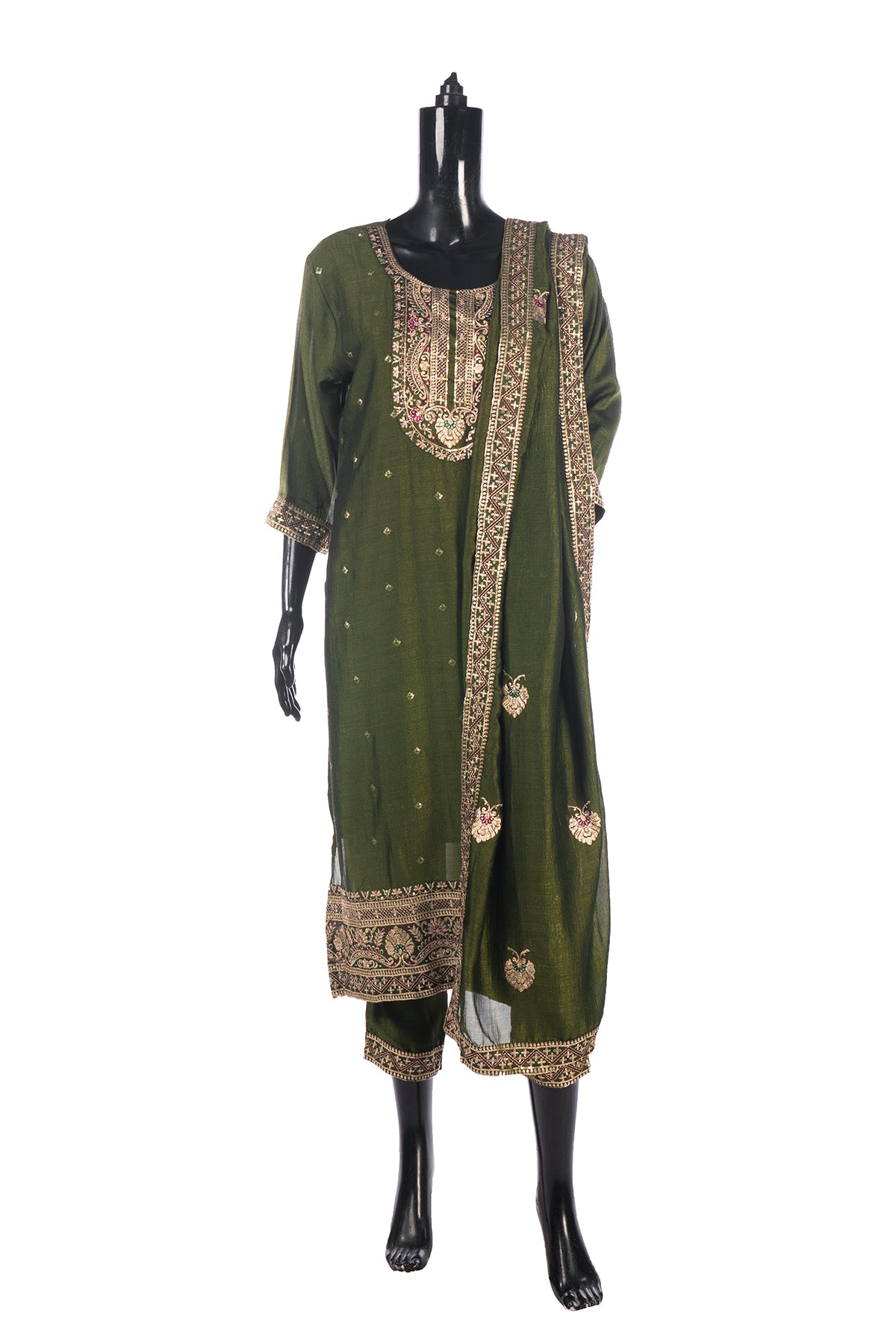 Silakaari Women's Vichiti Gold Sequins Heavy Kurti Pant Dupatta Set