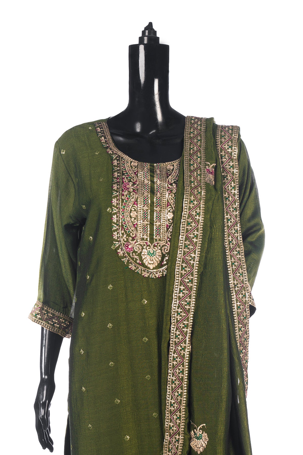 Silakaari Women's Vichiti Gold Sequins Heavy Kurti Pant Dupatta Set