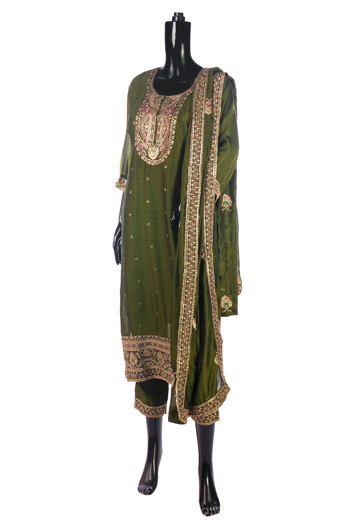 Silakaari Women's Vichiti Gold Sequins Heavy Kurti Pant Dupatta Set