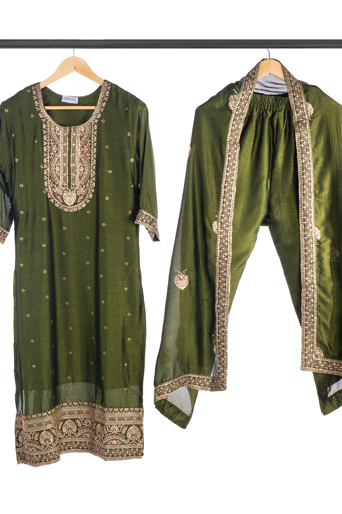 Silakaari Women's Vichiti Gold Sequins Heavy Kurti Pant Dupatta Set