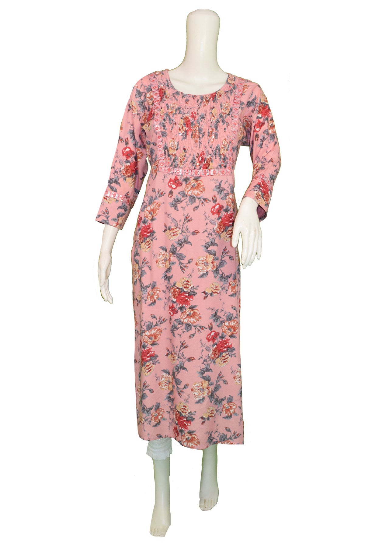 Silakaari Adeela Digital Printed Mirror Smocking Straight Long Kurti