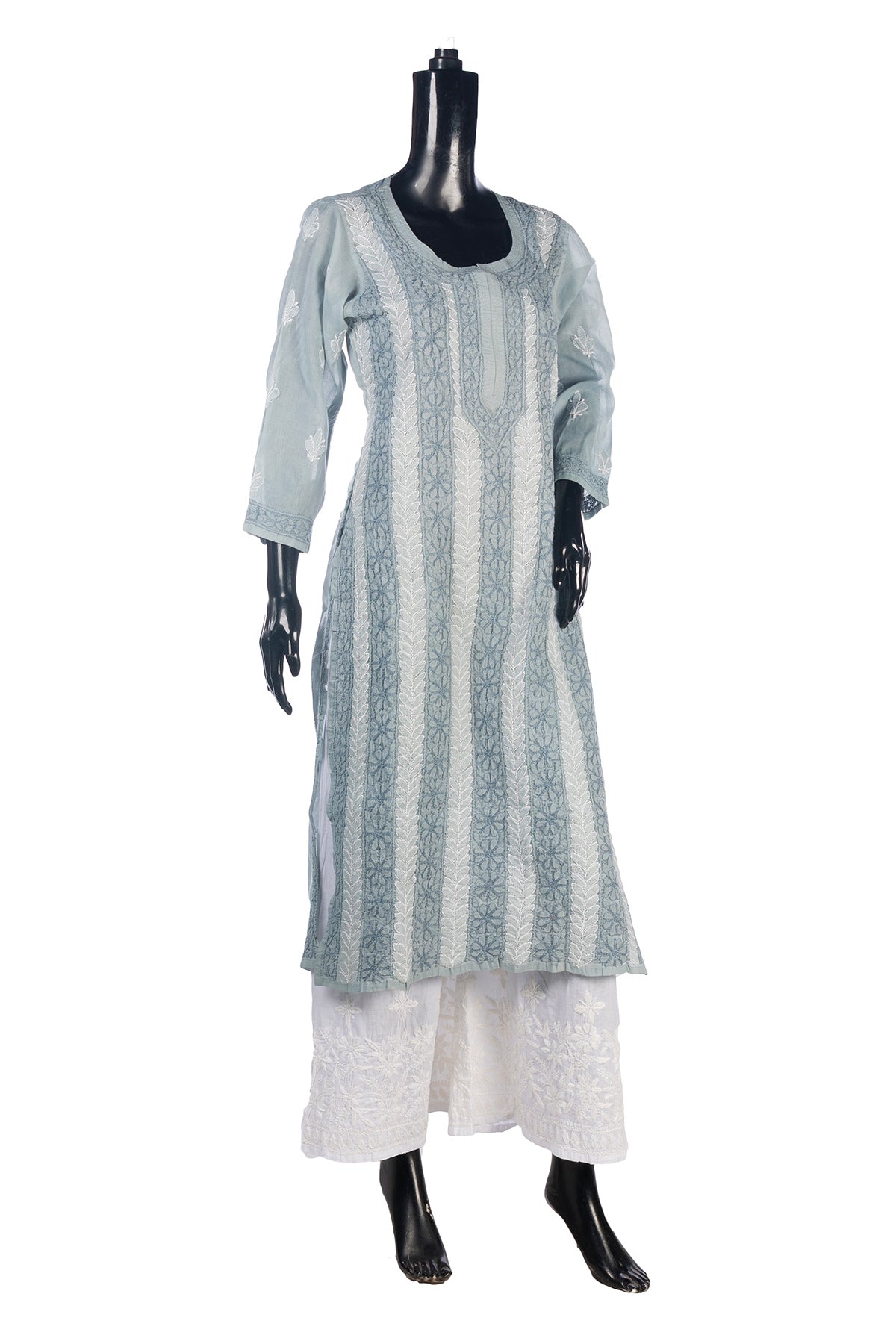 Silakaari Women's Pure Cotton All Over Panel Neck Point Premium Long Kurti Palazzo Set