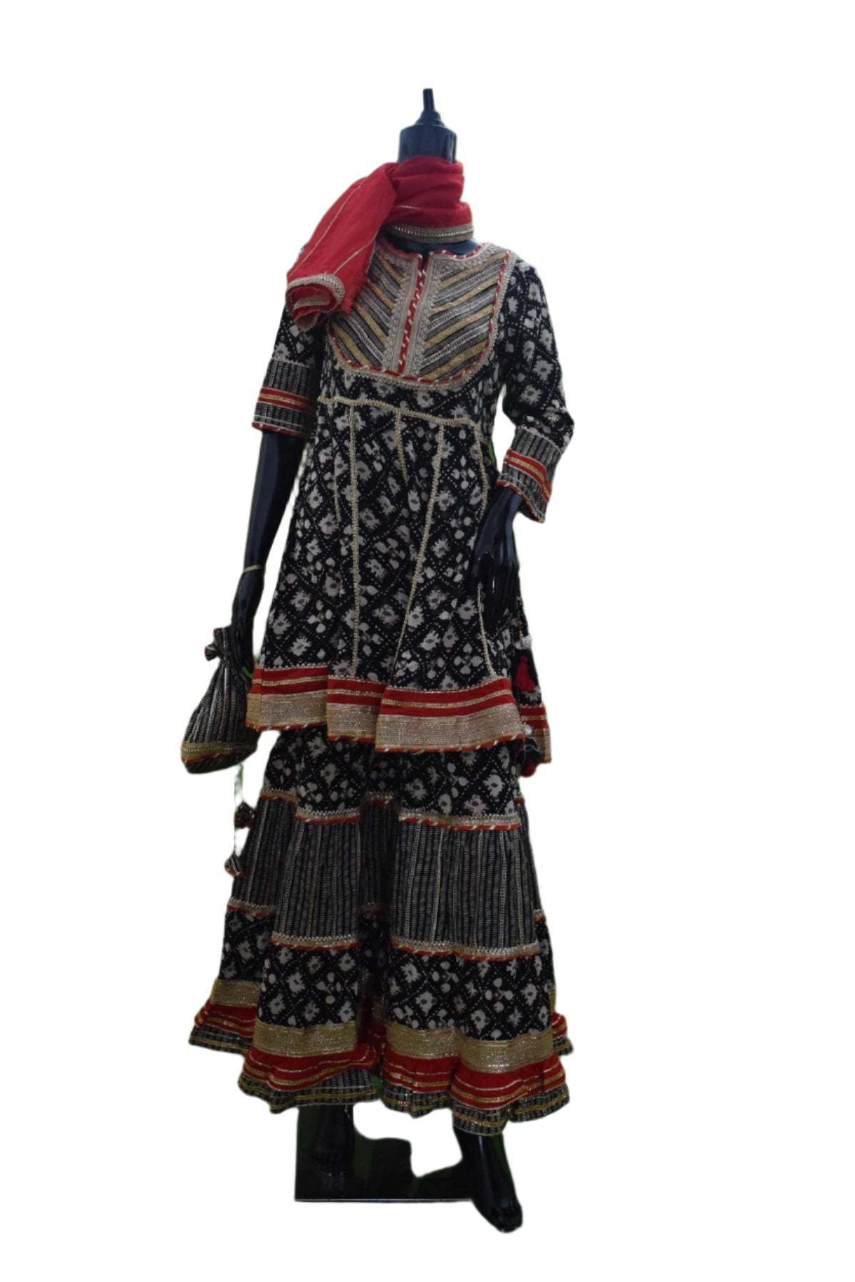 Silakaari Women's Black-Red Heavy Gota Patti Full Garara Set With Potli