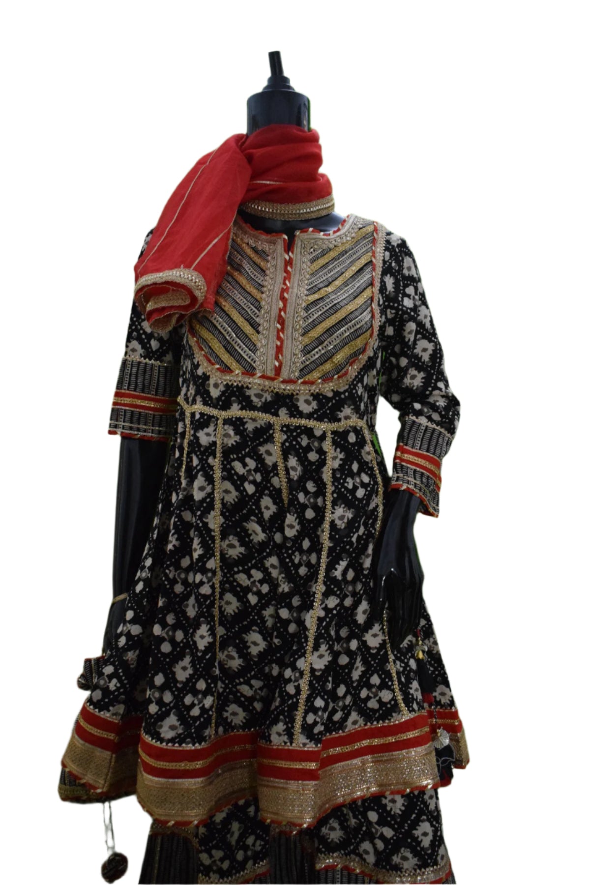 Silakaari Women's Black-Red Heavy Gota Patti Full Garara Set With Potli